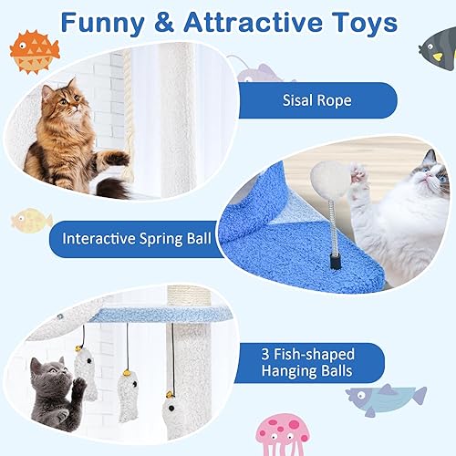 Miniatura 6 de Tangkula Árbol para gatos con temática oceánica, torre para gatos de 3 niveles con postes rascadores de sisal, condominio, perca, hamaca, juguetes