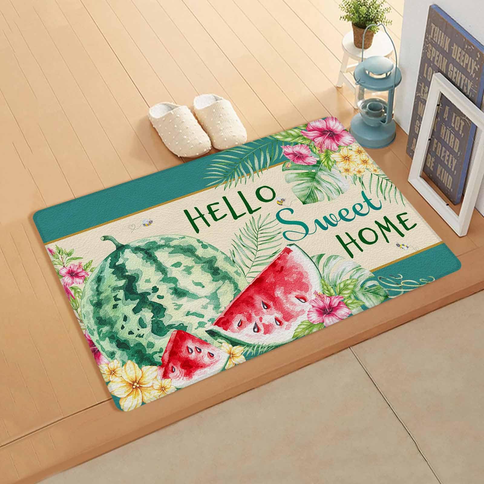 Watermelon Antifatigue Kitchen Bath Door Mat Cushioned Runner Rug,Washable Welcome Floor Sink Mat,Waterproof & Non-Slip Standing Doormat for Kitchen,Summer Green Tropical Palm Leaves Floral 24