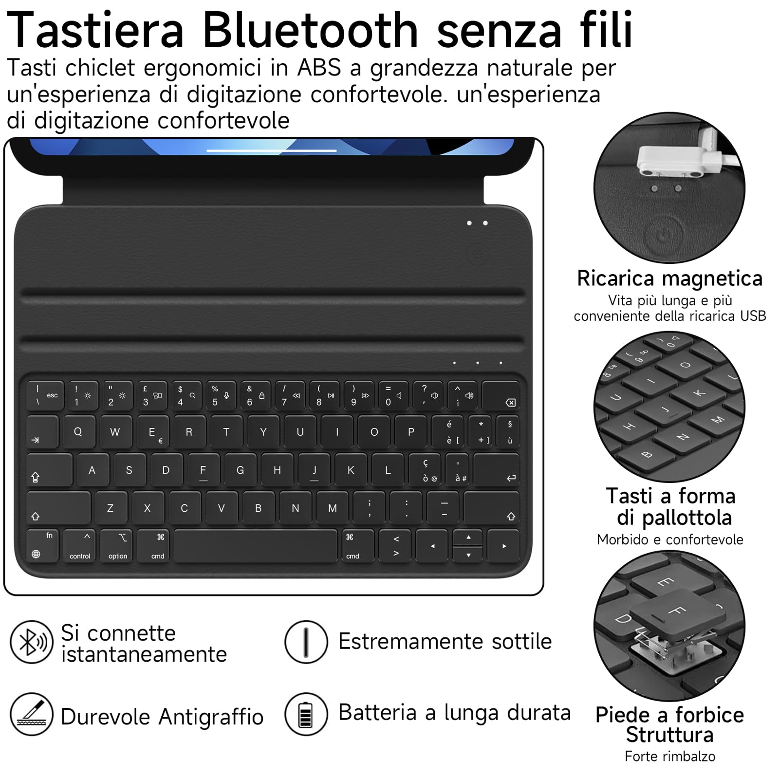 HOU Tastiera iPad Pro 11(4 °/3 °/2 °/1 °), iPad Air 11" 2024/5 Generazione(4 Generazione),QWERTY Disposizione Italiana,Ultra Slim,Angolo Regolabile,Carica Magnetica Nero