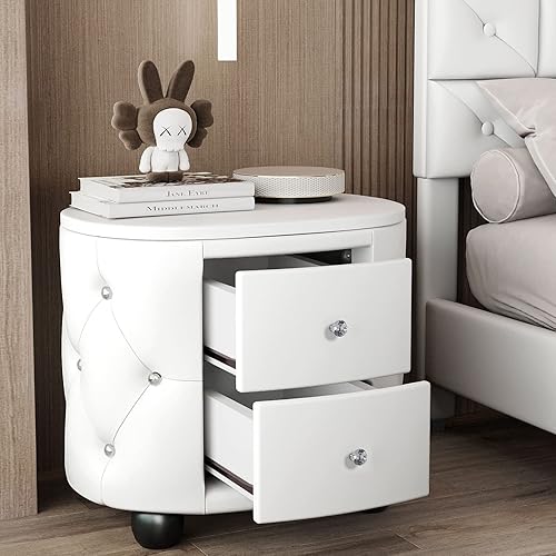 Miniatura 3 de Hollywood Glamour Style - Mesita de noche tapizada de piel sintética con 2 cajones elegantes mesitas de noche de poliuretano para dormitorios mesita