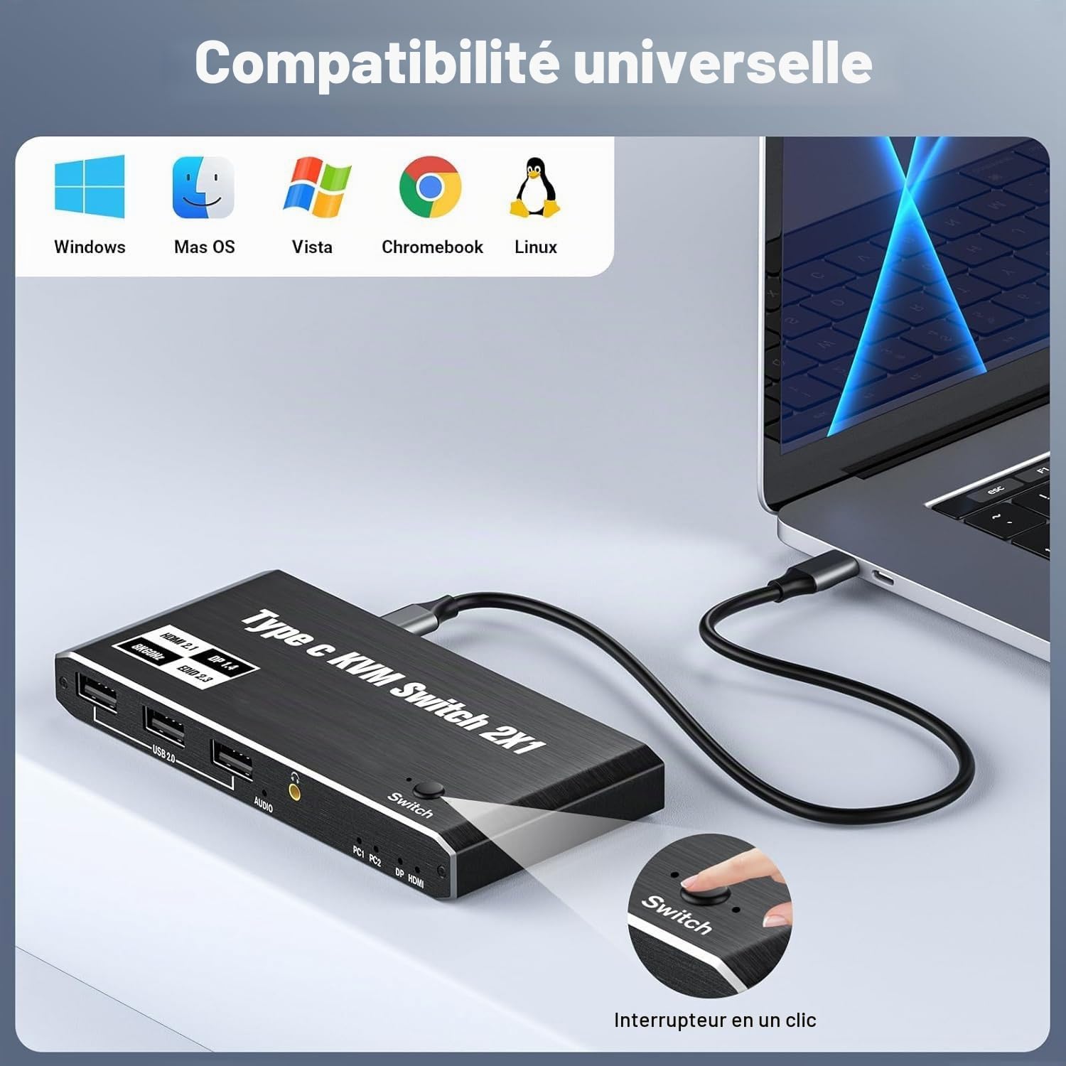Commutateur KVM USB-C 2 en 1 sortie 8K à 60 Hz 4K à 120 Hz, pour Windows 11/10/8/7/Vista/XP, Mac OS X 10.9, compatible avec Thunderbolt 3 et Thunderbolt 4
