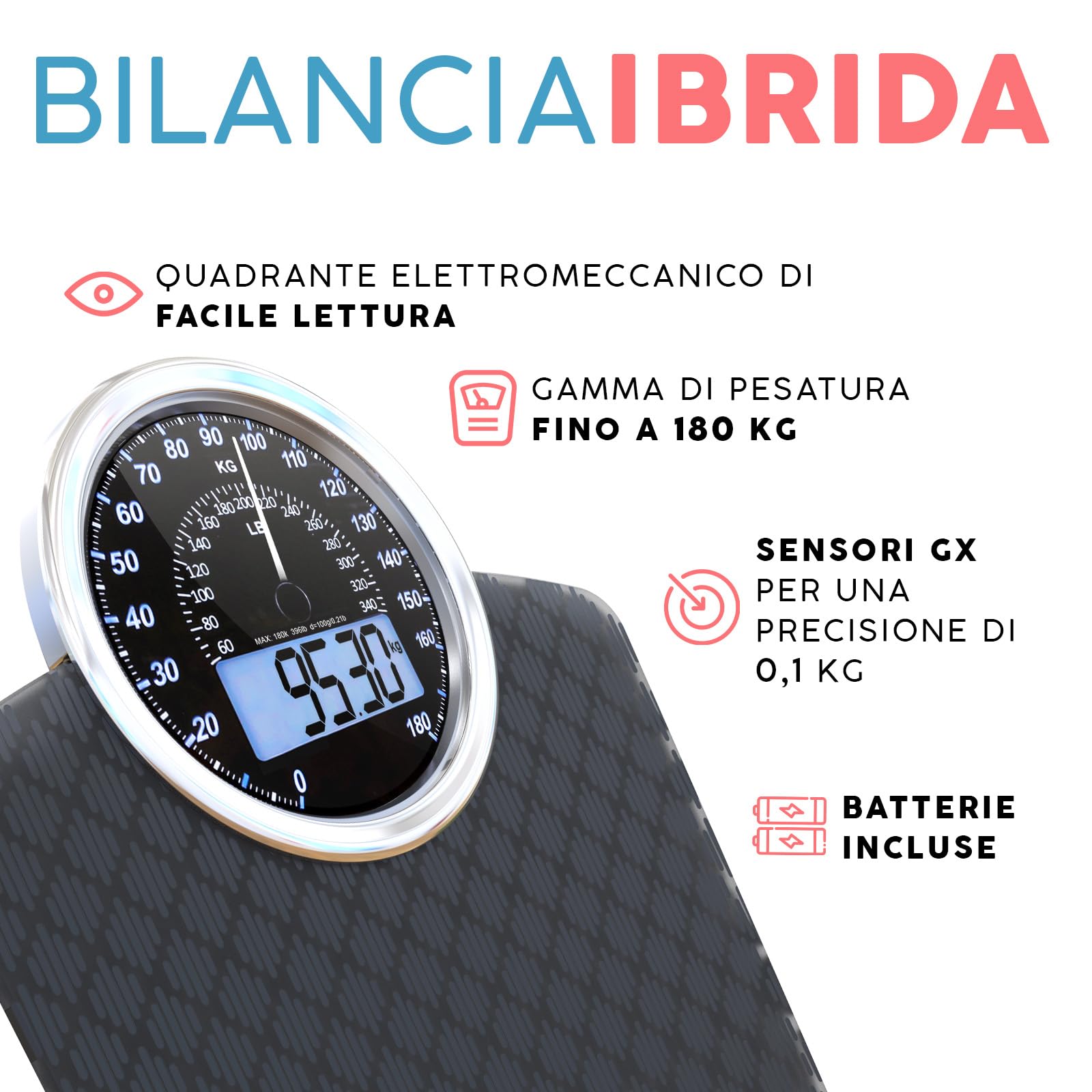 Hybrid Bilancia Pesapersone - Analogica & Digitale, Precisa fino a 180 kg | Leggete il peso su quadrante analogico e LCD insieme. Piattaforma larga, 3 batterie AAA incluse, pronta all'uso.