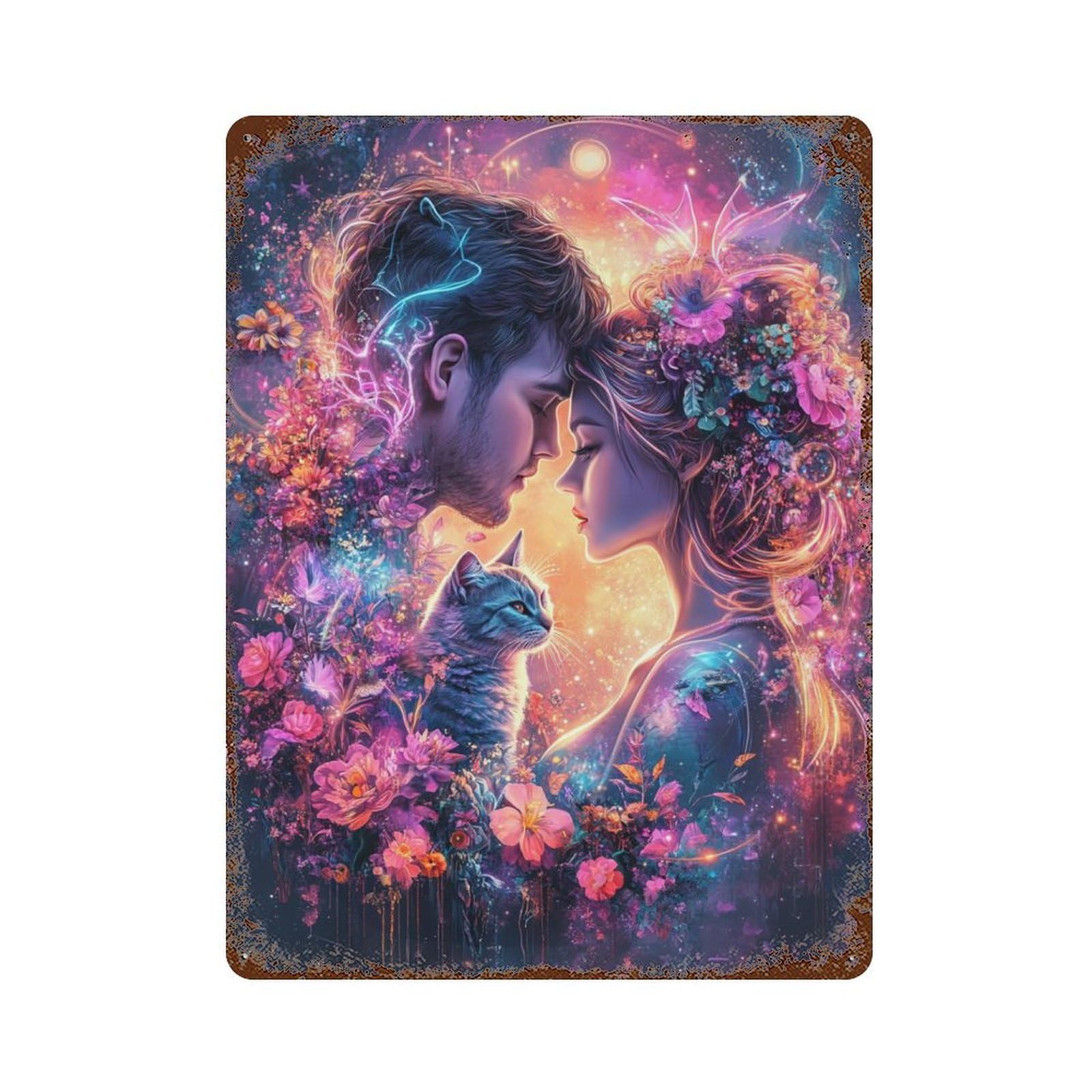 Fantasy Lovers with Cat -1 Vintage Wall Sign 15.7"x11.8", Rust Effect Metal Decor for Shed, Workshop And Garage Wall Decor