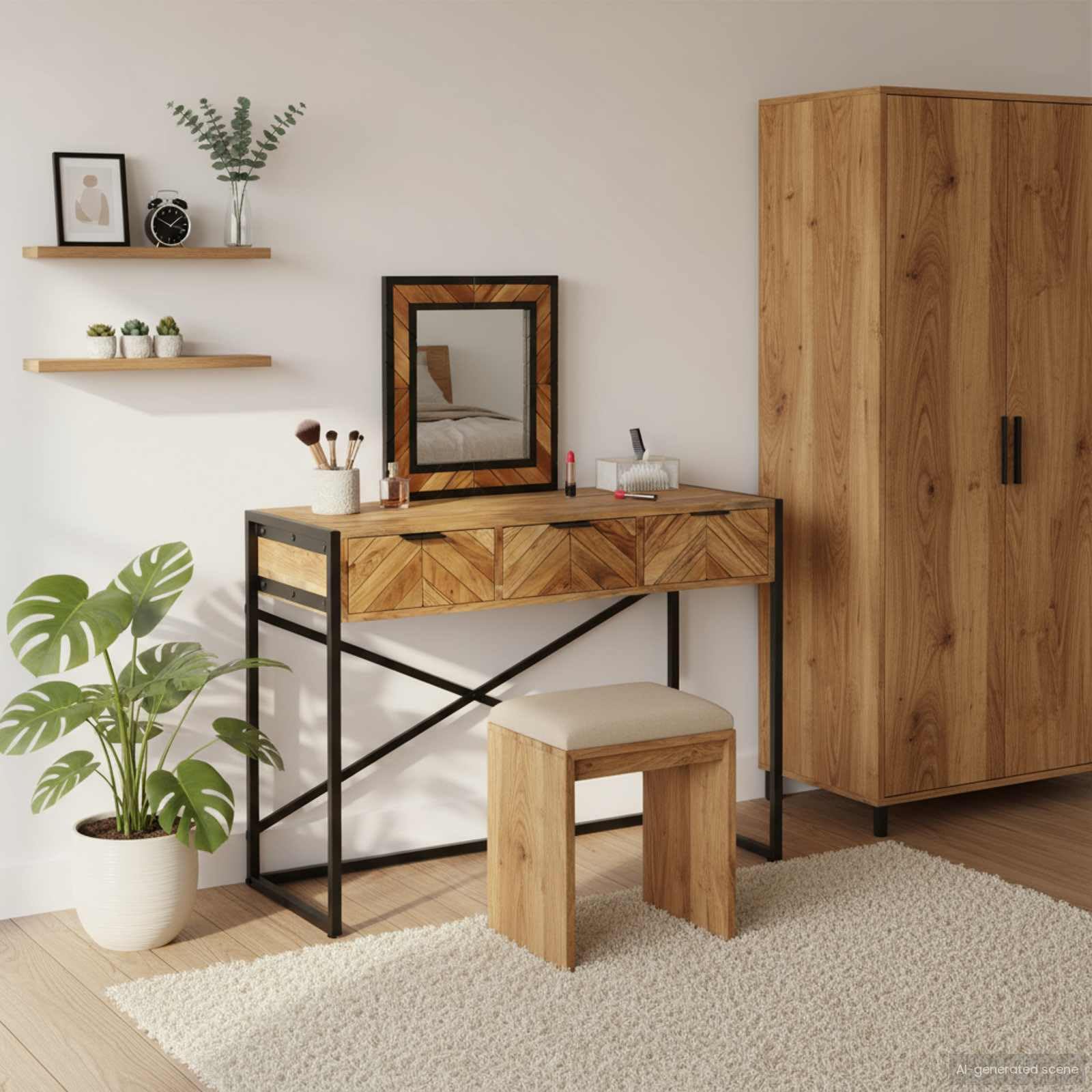 Toeletta marrone acacia, 100 x 40 x 120 cm, in legno massello, con specchio e spazio per riporre oggetti, per camera da letto e spogliatoio, con cassetti, illuminazione, organizer, design