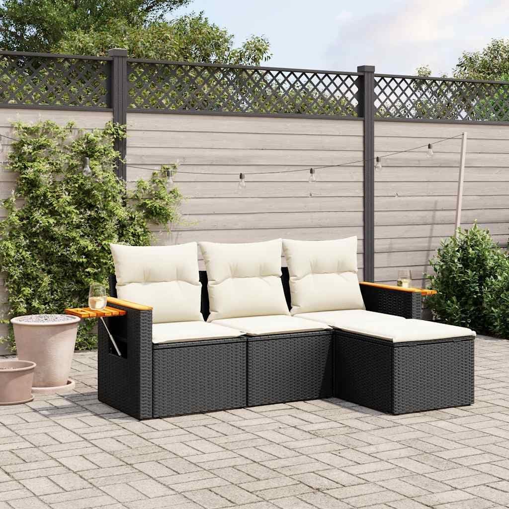 4-Piece Garden Sofa Set Black, PE Rattan and Steel Outdoor Furniture with Thick Cushions, Modular Patio Seating for Balcony, Weatherproof and