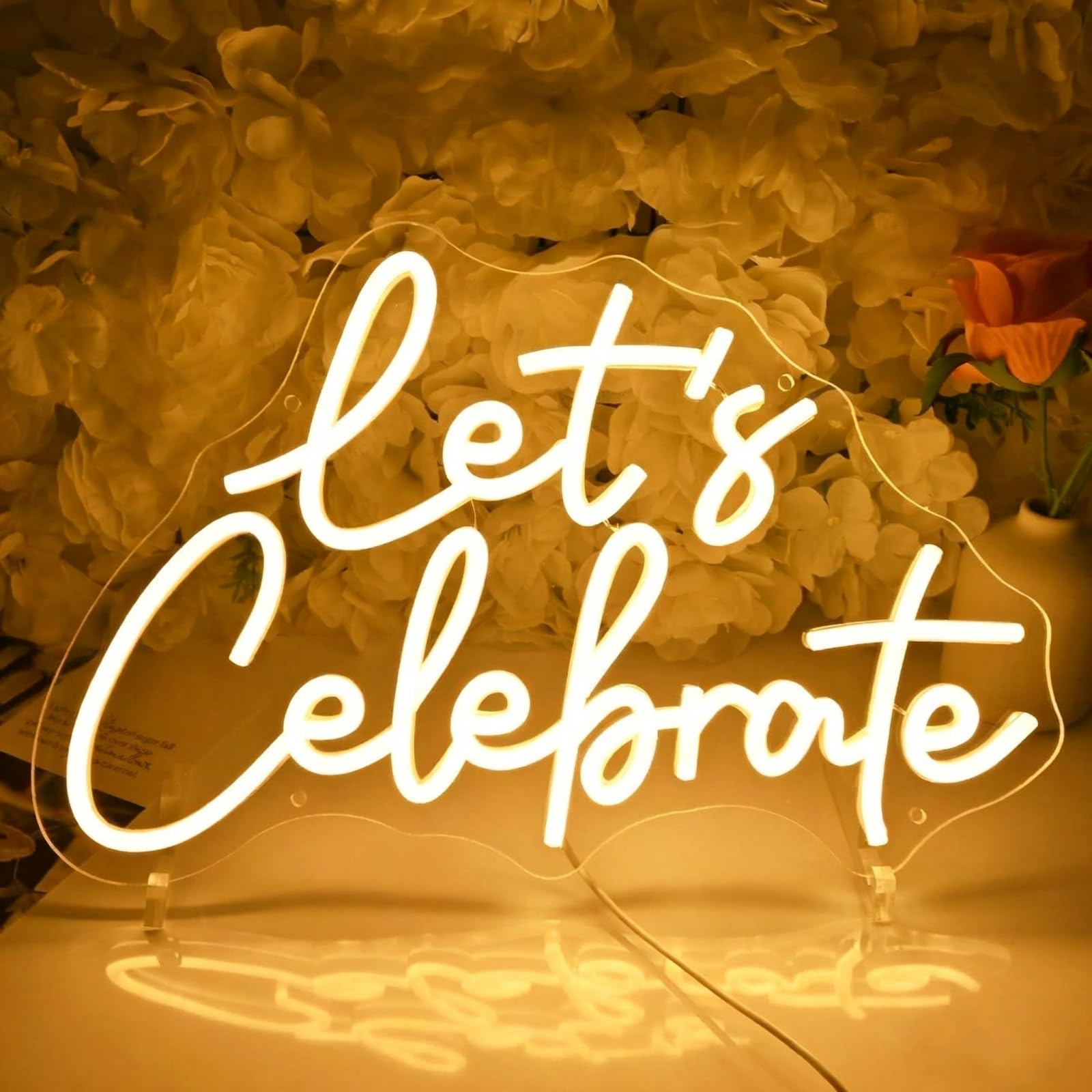 Let's Celebrate LED Neon Sign Warm White Letters Light Up Sign Dimmable for Bedroom Living Room Wall Decor Birthday Valentine Party Decoration