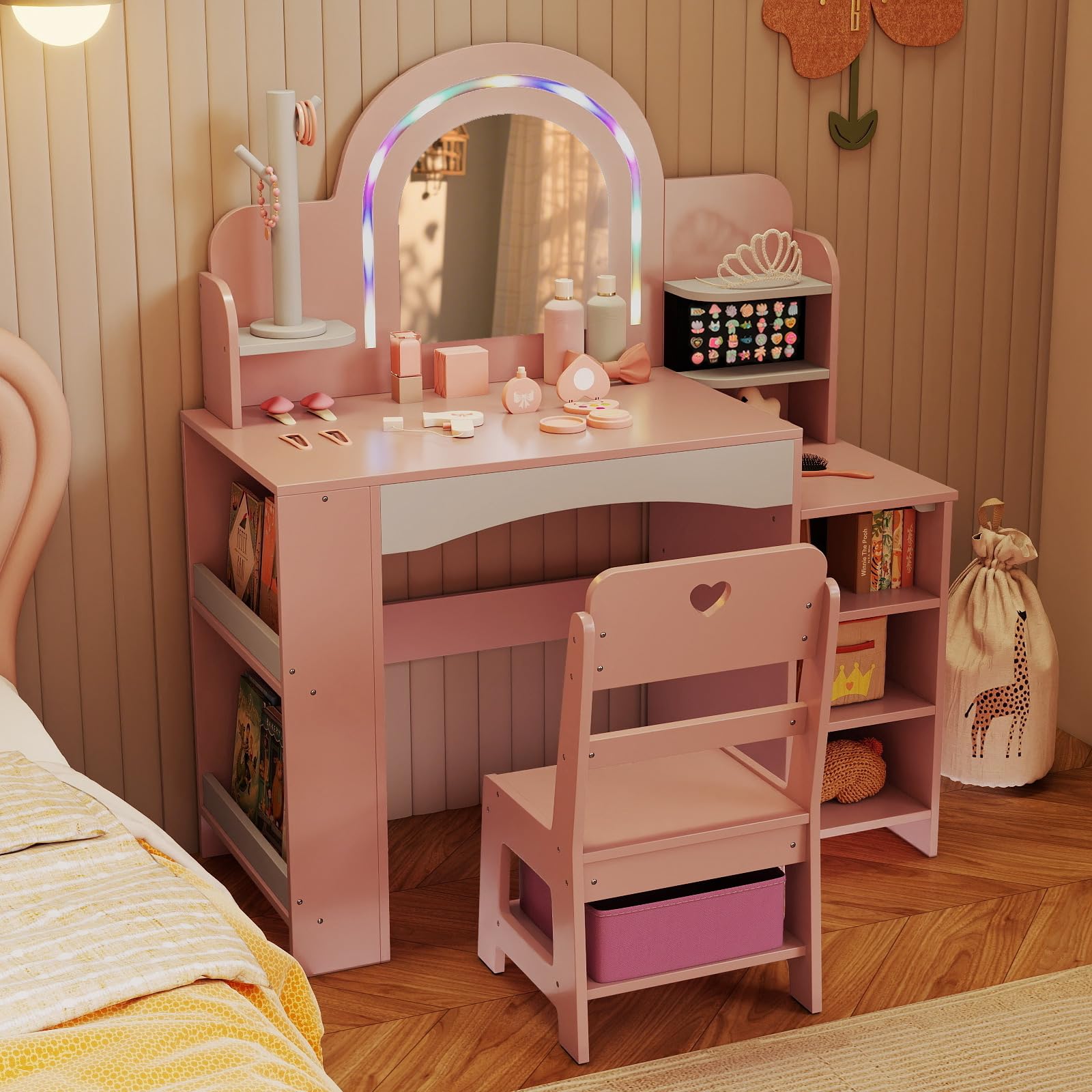 COSTWAY Tocador Niña con Espejo y Luces, Tocador de Maquillaje Niña con Estantes Abiertos, Soporte para Joyas, Estantería de 2 Niveles y Caja de Tela, Mesa de Maquillaje para Niñas de 3+ Años (Rosa)