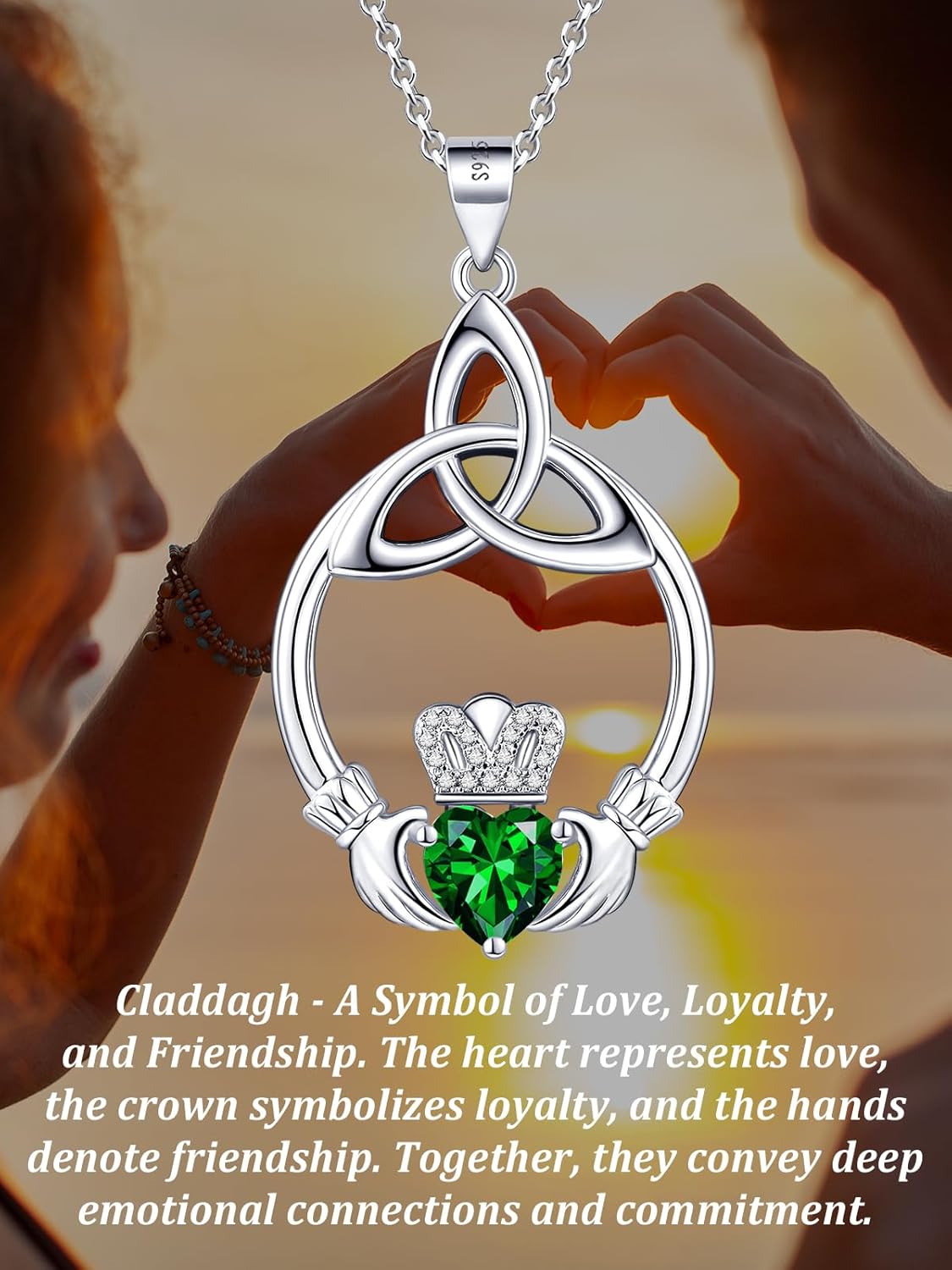 Gift Birthstone Necklaces for Women 925 Sterling Silver Irish Claddagh Necklace for Women Heart Birthstone Pendant Necklace Anniversary Birthday Gifts for Wife Lady Cable Chain 18"+2" - Image 4