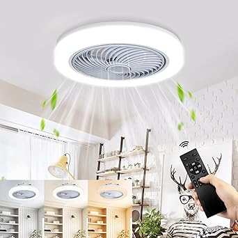 Ceiling Fans with Lights Remote Control, 18” Modern Flush Mount Ceiling Fan with LED Lights, Dimming 3 Colors 3 Speeds Small Bladeless Ceiling Fan Low Profile for Bedroom, Living Room, Kitchen(White)