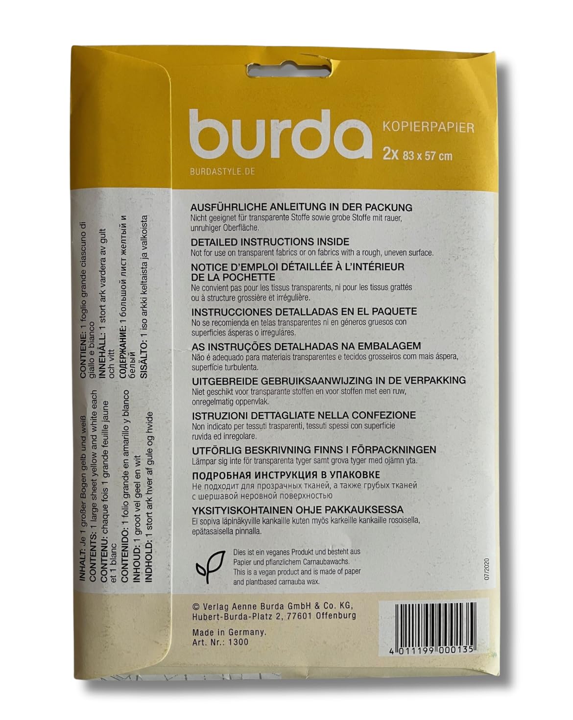 Burda Style - Carta per fotocopiatrice, confezione doppia, 2 x 2 fogli, 83 x 57 cm, colore: Giallo/Bianco