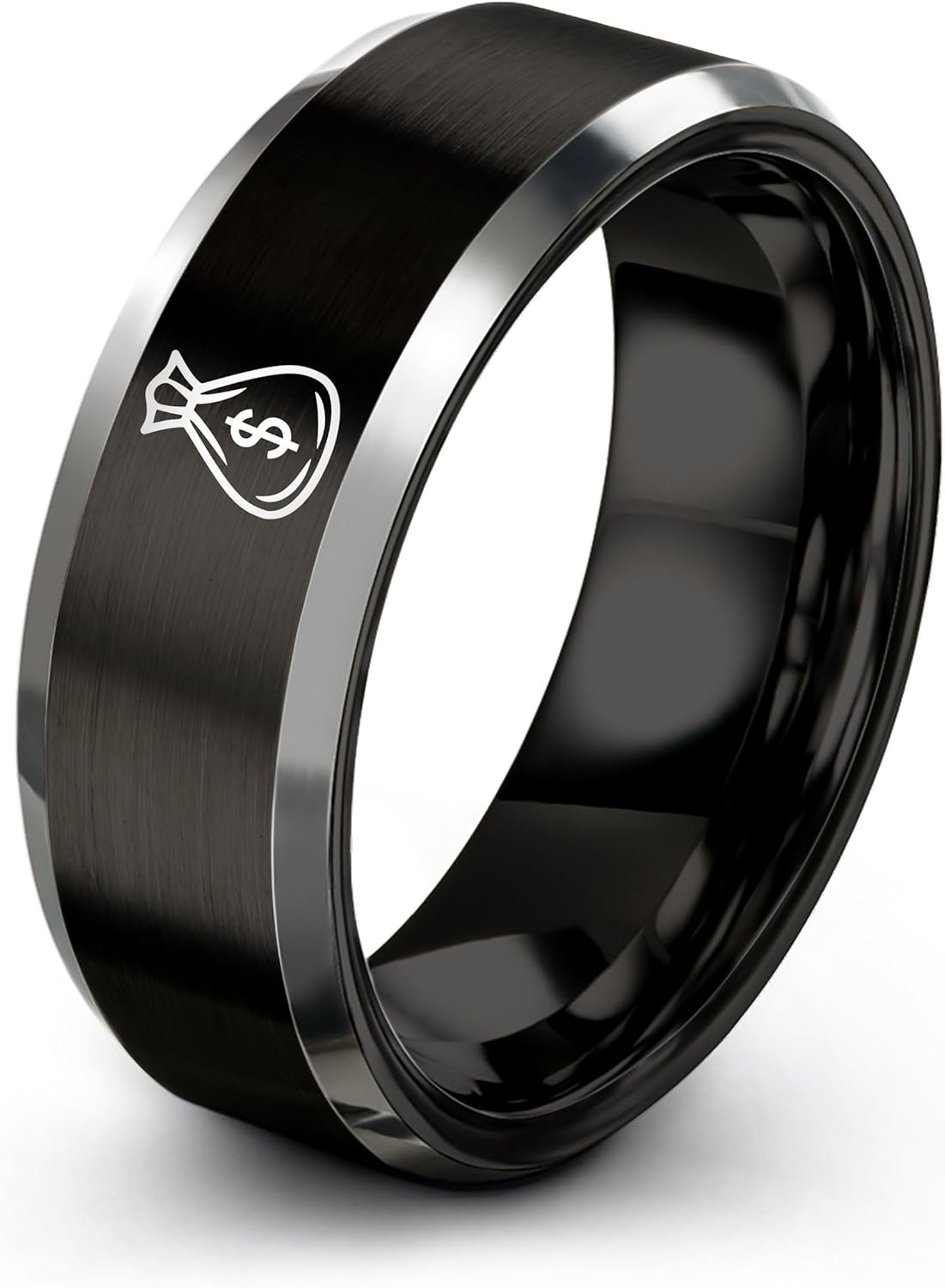 Gift for Financial Guru - Money Bag Ring - Men Women - Tungsten - Anniversary Wedding - Personalized Custom Engraving - Brushed Polished - Flat Dome Bevel - Band - 8mm - Black Yellow Gold Silver