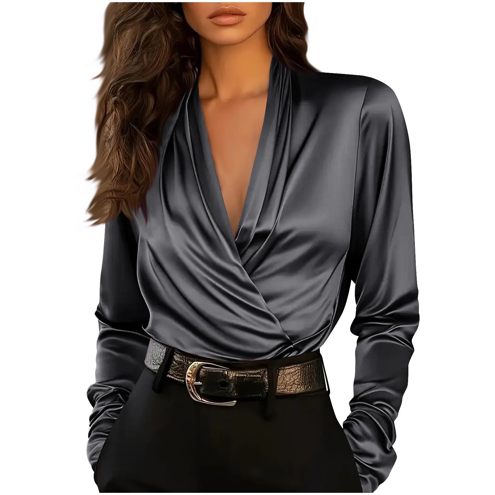 Huytertdr Women's Dark Gray Satin Shirts Cross Wrap V-Neck Blouse Long Sleeve Silk Tops Elegant Dressy Shirt Casual Going Out Office Work Business Blouses