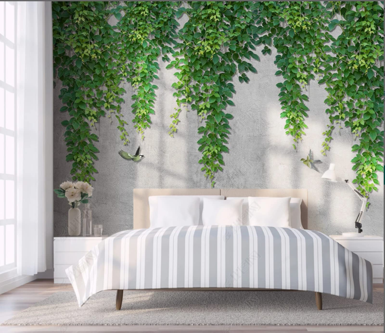Papier Peint Panoramique Tapisserie Murales Oiseau Feuilles De Vigne Verte 200x140cm Intissé Soie Poster Geant Mural Salon Chambre