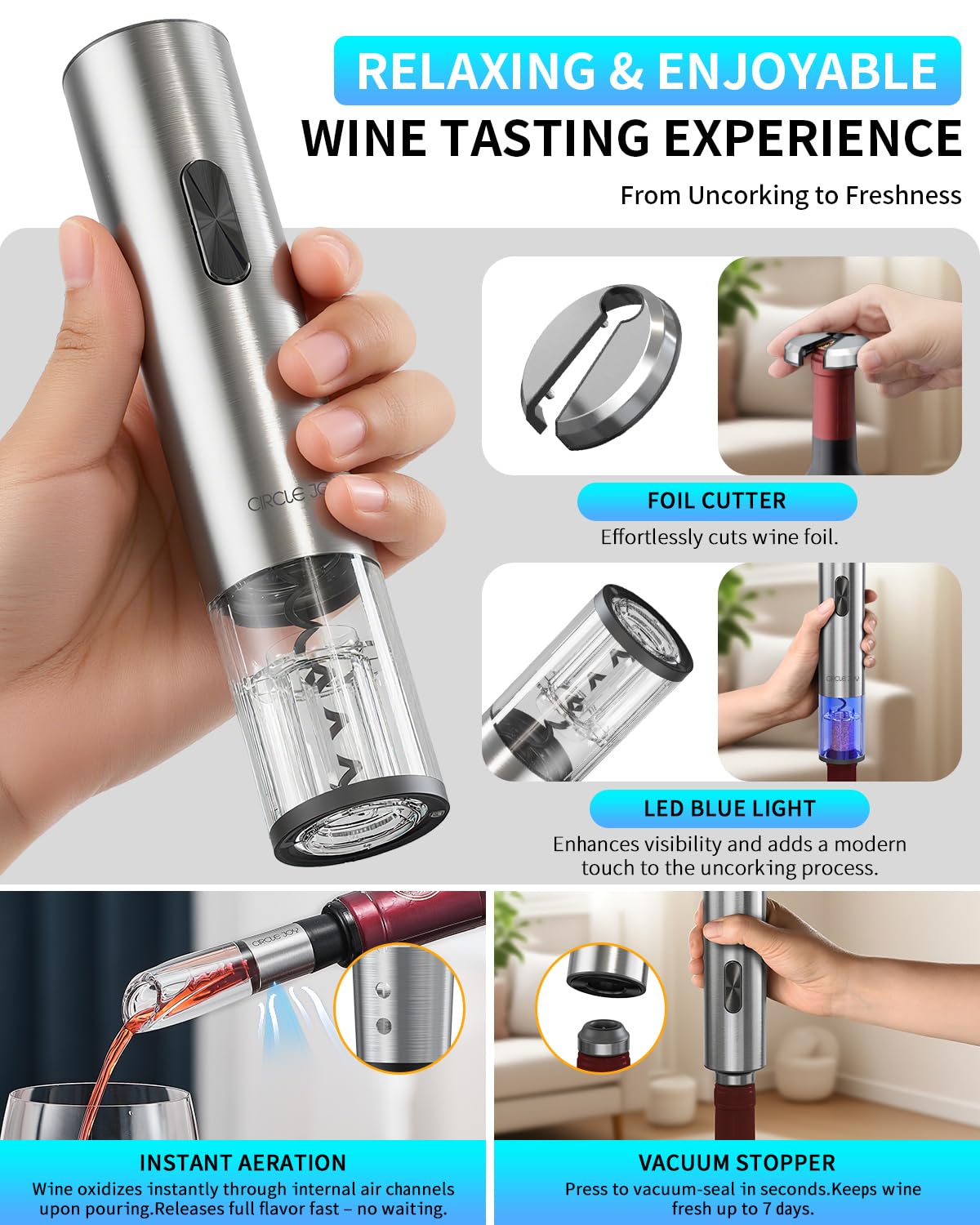 CIRCLE JOY Ouvre-bouteille électrique 7 en 1 en acier inoxydable rechargeable avec pompe à vide automatique, coupe-capsule, bec verseur, 2 bouchons sous vide et station de charge
