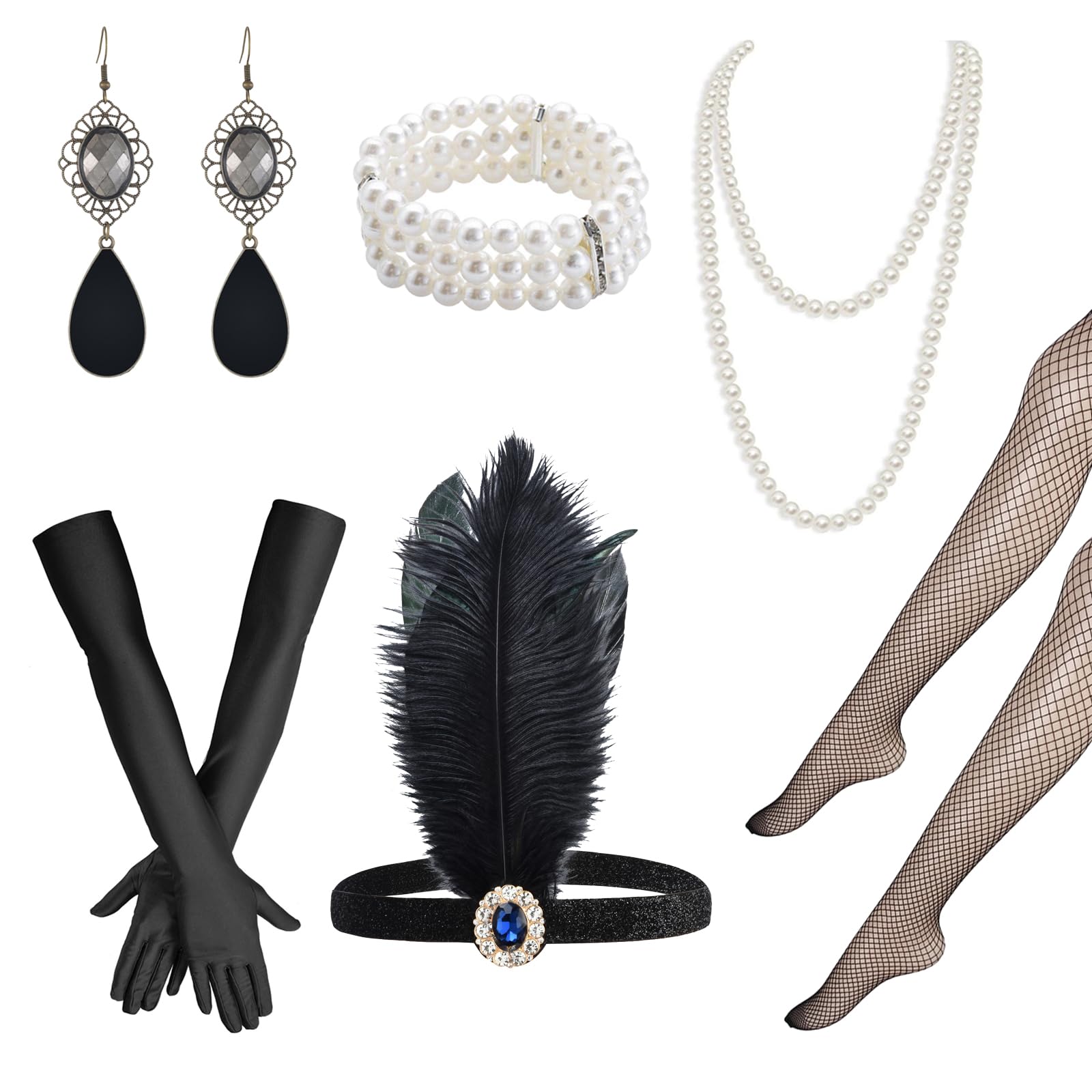 GIEEU 7 Pieces 1920 Accessories Set,Great Gatsby Accessories for Women,20s Party Costume Headband,Black Long Gloves