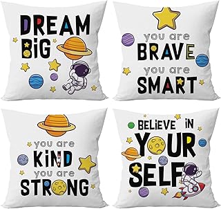 Yuzi-n Outer Space Pillow Covers Planet Astronaut Space Pillow Cases Decor for Nursery Kids Bedroom Playroom Classroom, 18 x 18 Inch Set of 4 (White-Space Dream Big)