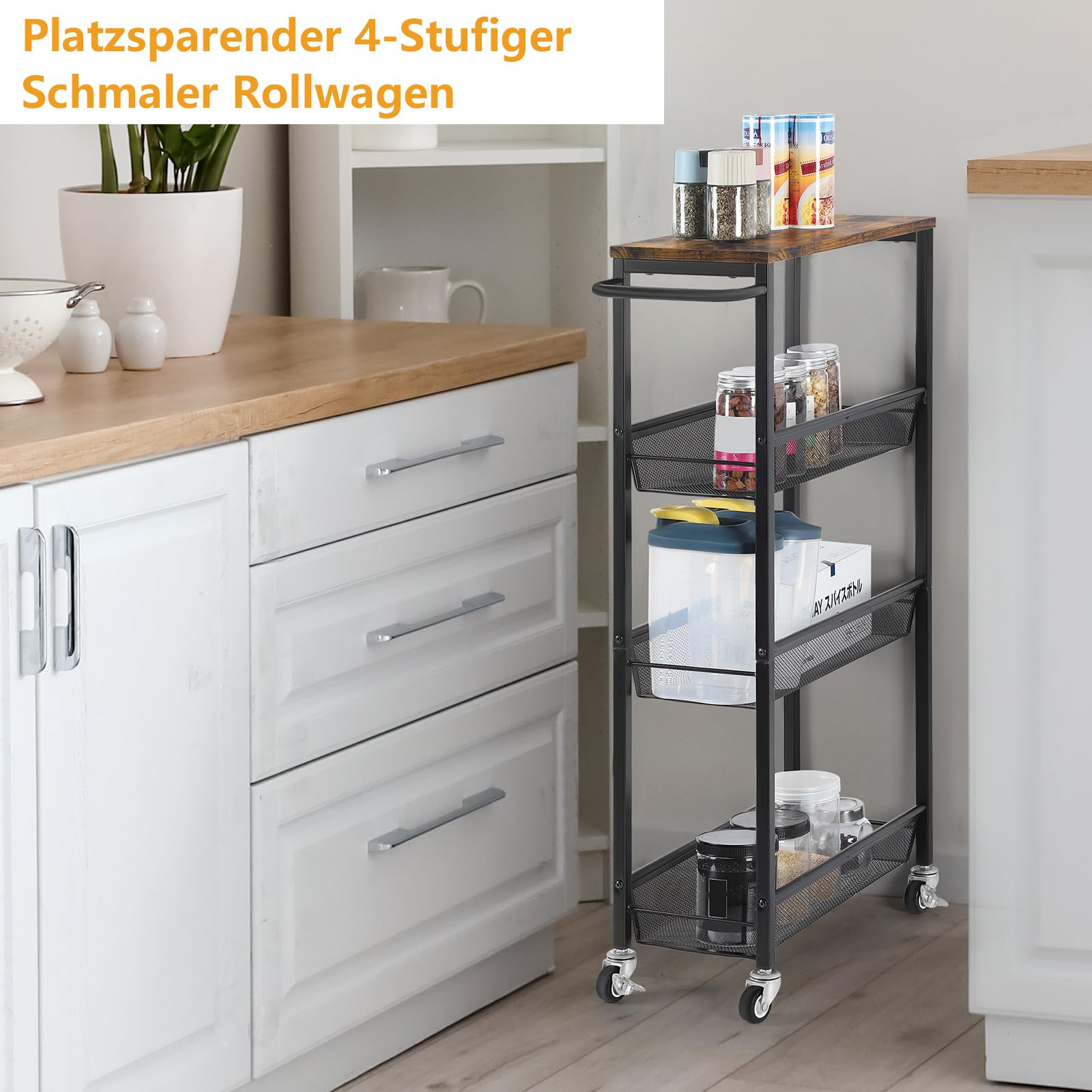smusei Schlanker Rollwagen, 42 x 18.5 x 76 cm, 4 Ebenen Metal Küchenwagen mit Holztischplatte Platzsparender Aufbewahrungswagen für Kleine Räume in Küche, Esszimmer, Bad, Wohnzimmer, Vintage-Braun