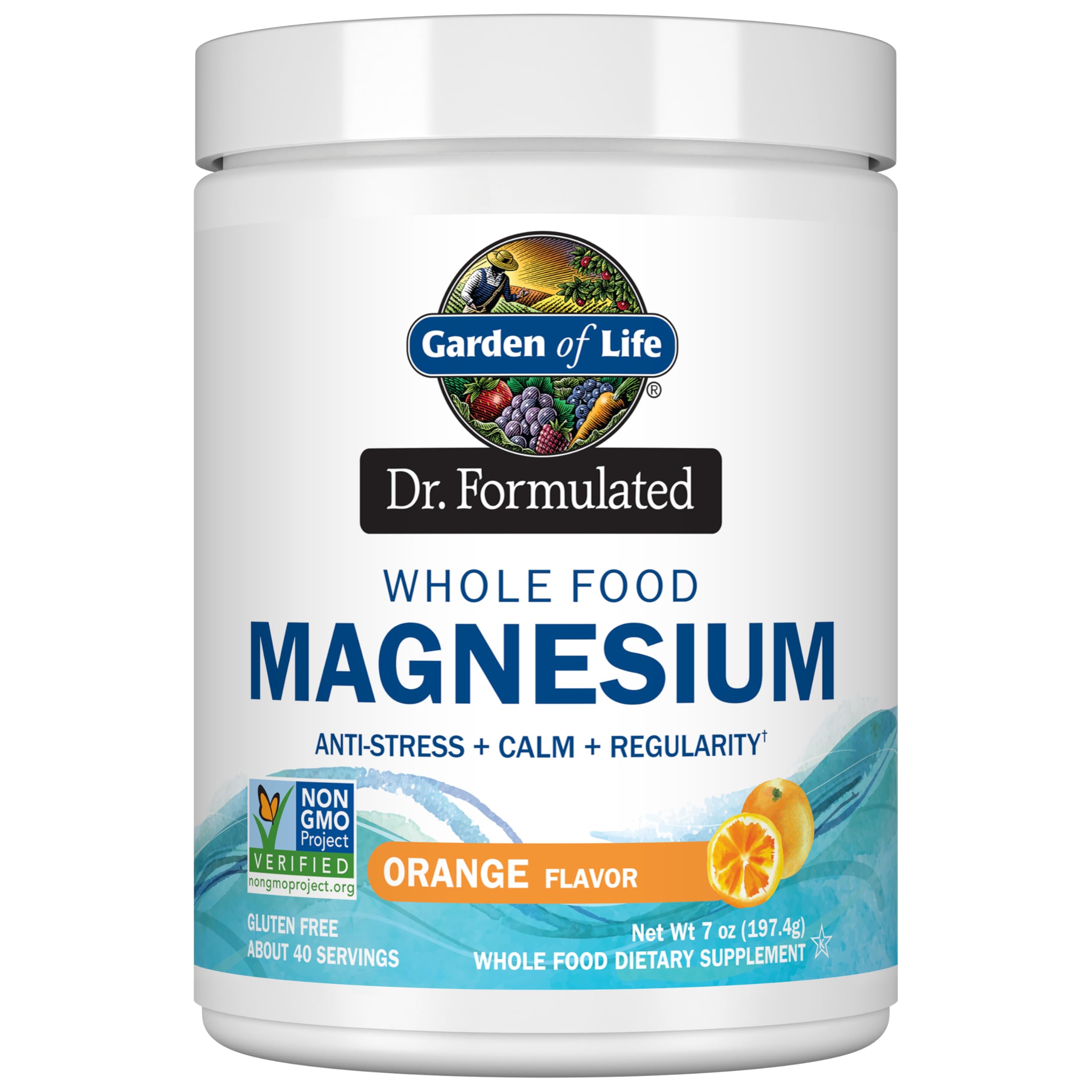 Dr. Formulated Whole Food Magnesium 197.4g Powder Orange,40 Servings, Non-GMO, Vegan, Gluten & Sugar Free Supplement with Probiotics - Best for Anti-Stress, Calm & Regularity