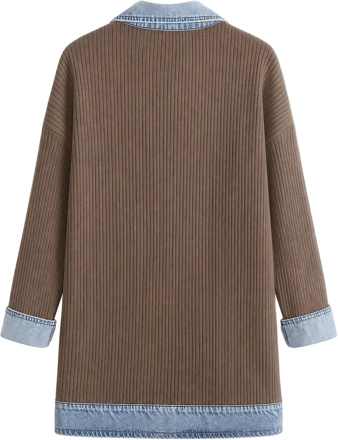 Women's Denim Trim Cardigan Long Sleeve Casual Ribbed Knit Jacket