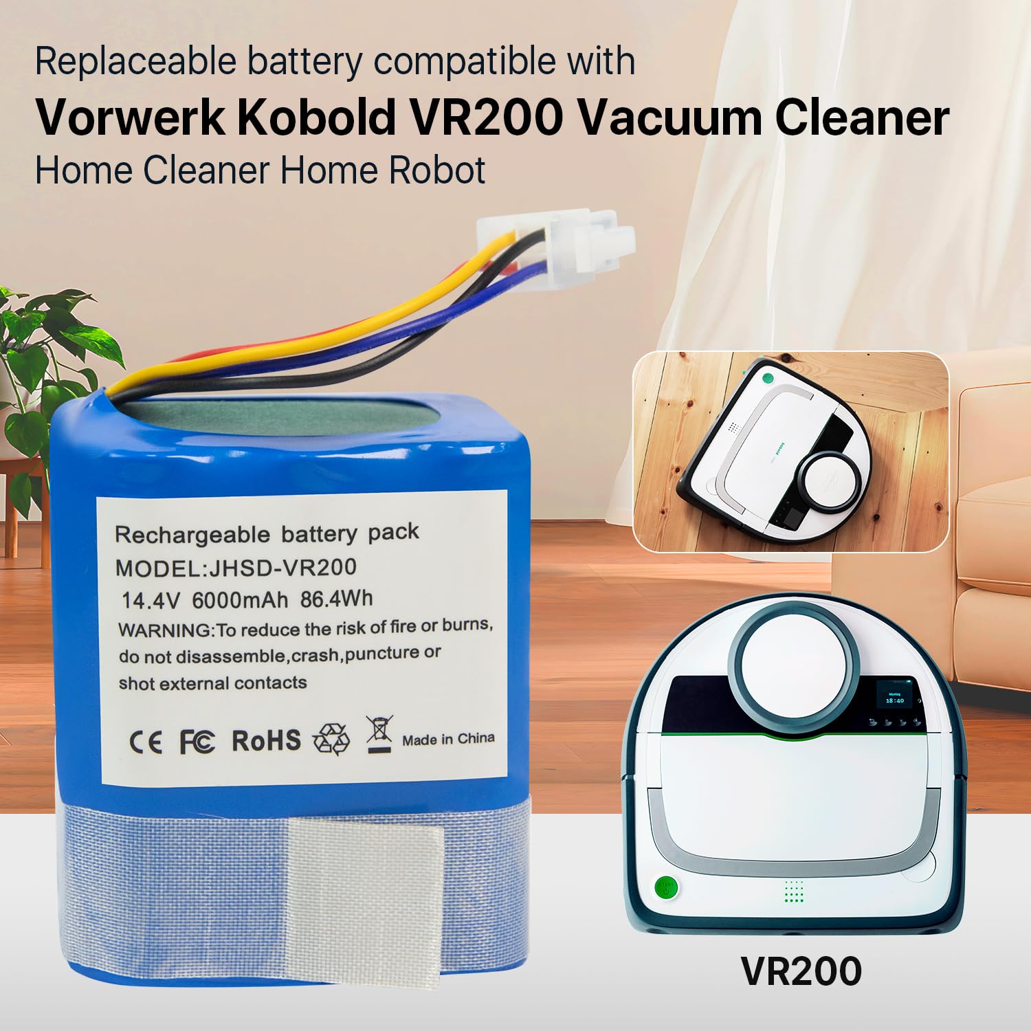 Batteria 6000 mAh compatibile con aspirapolvere Vorwerk Folletto VR200 Home Cleaner Robot domestico