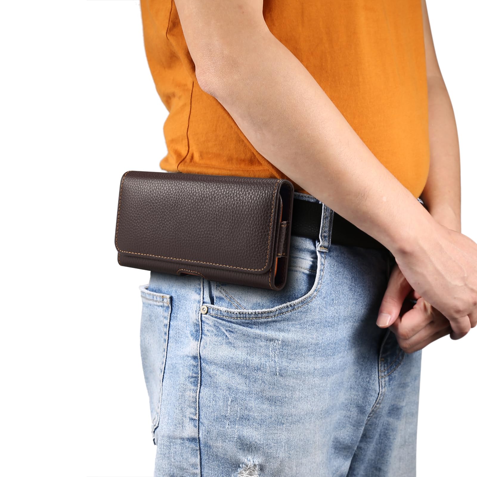 Étui Ceinture Cuir Véritable pour Téléphone 6,7-6,9 Pouces- Brun | Compatible Samsung A56 A26 A16 A36 A17 A06 Xcover7, Compatible Xiaomi 15T, Compatible iPhone Air 16 Pro Max Plus