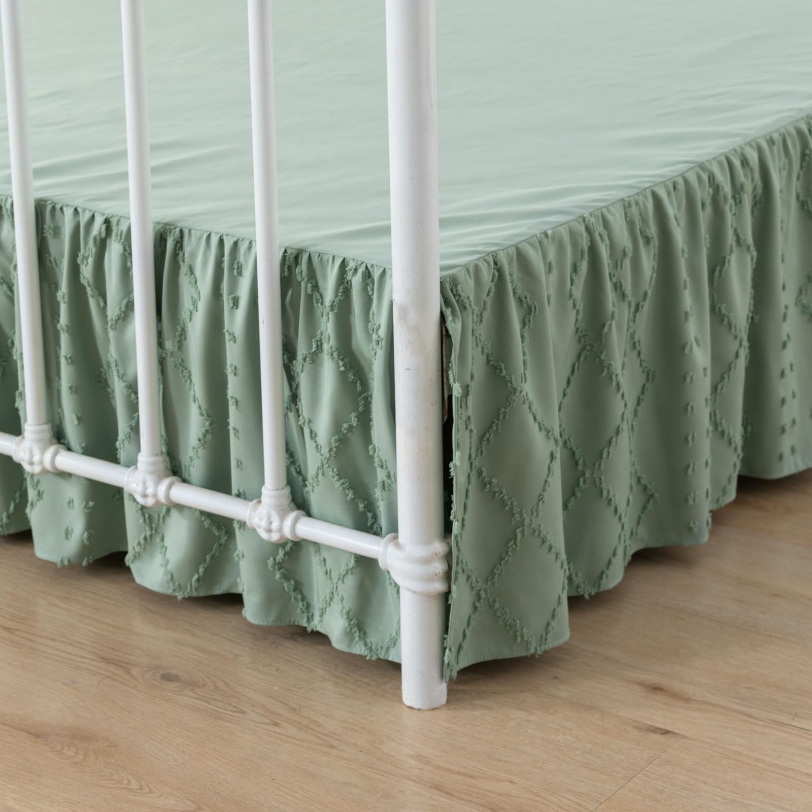 Bed Skirt Full Size Ruffled Bed Skirt with Split Corners, 14 Inch Drop Dust Ruffle Bed Skirts with Platform, Boho Tufted Shabby Chic Full Size Bed Skirts, Sage Green