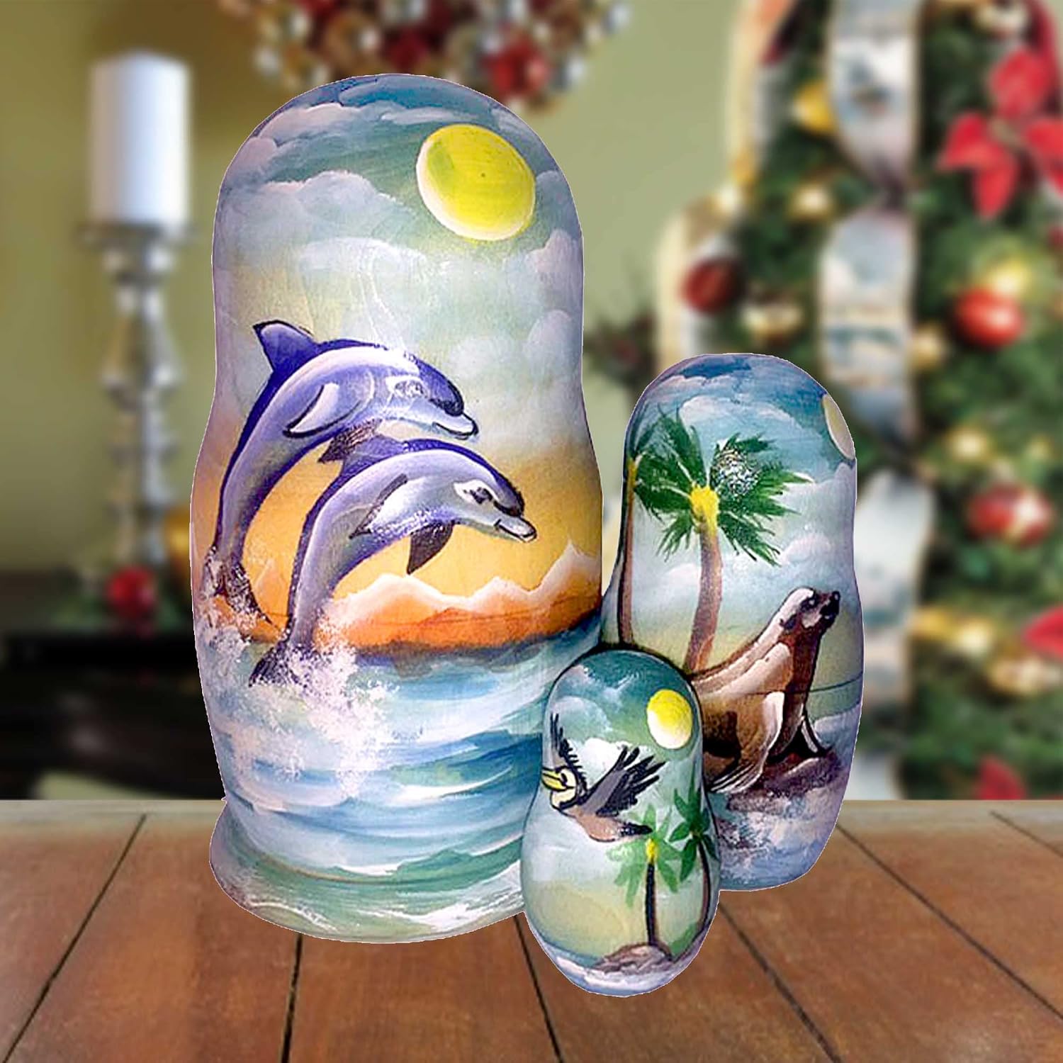 Coastal Dolphins, Seal & Pelican 3-Nest Matreshka Wooden Nesting Dolls Set - 14741 by G.DeBrekht