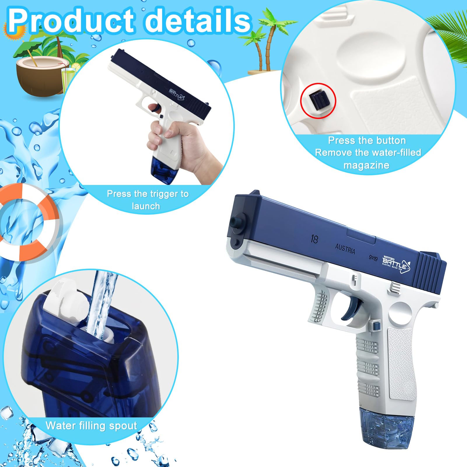Pistolet à Eau électrique – Double Réservoir 434+58cc, Portée 8 M, Batterie USB, étanche