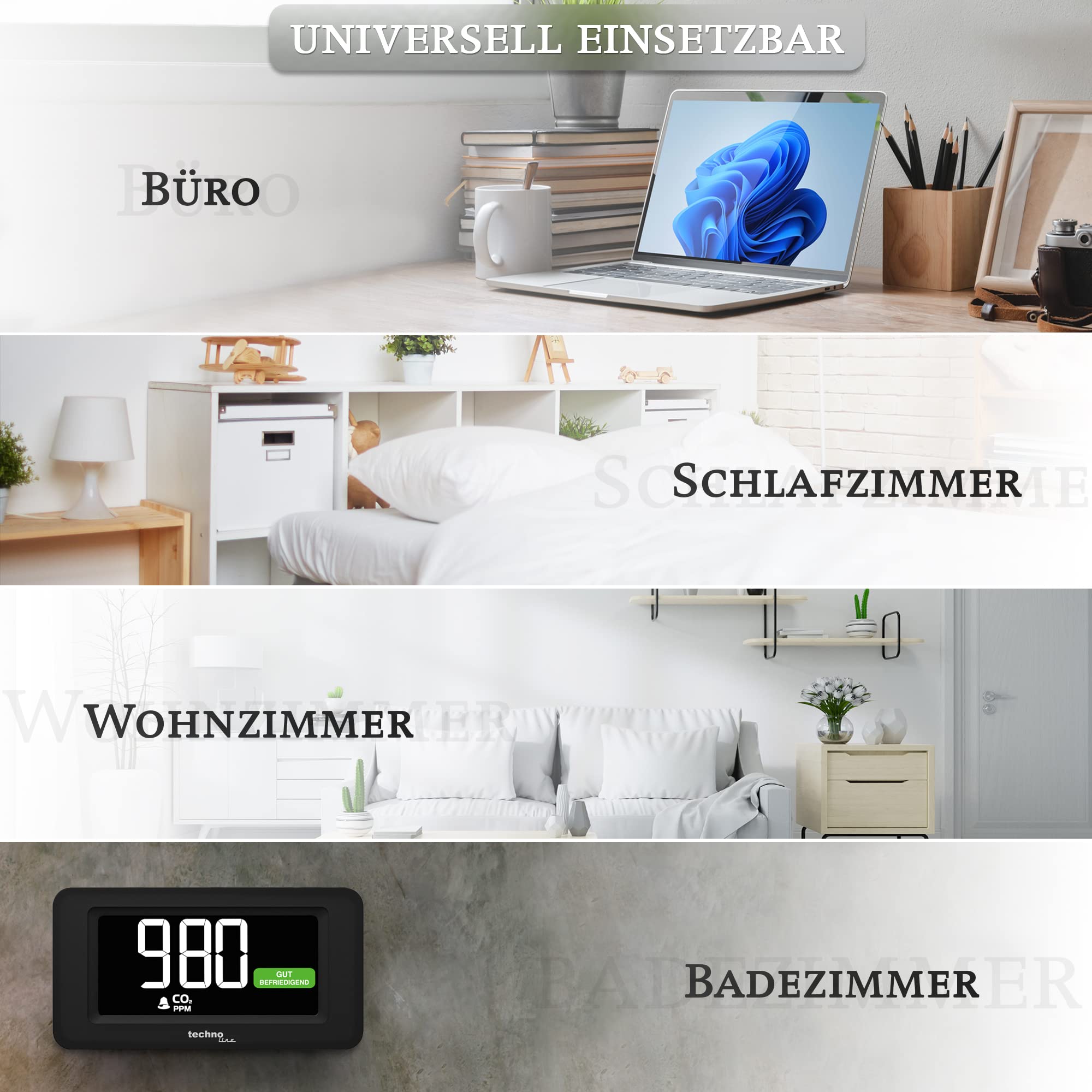 Aparato de medición de Co2 Technoline WL1022 con Pantalla a Color del Contenido de Co2 (Rojo, Amarillo, Verde), Alarma de Co2, recomendación de ventilación
