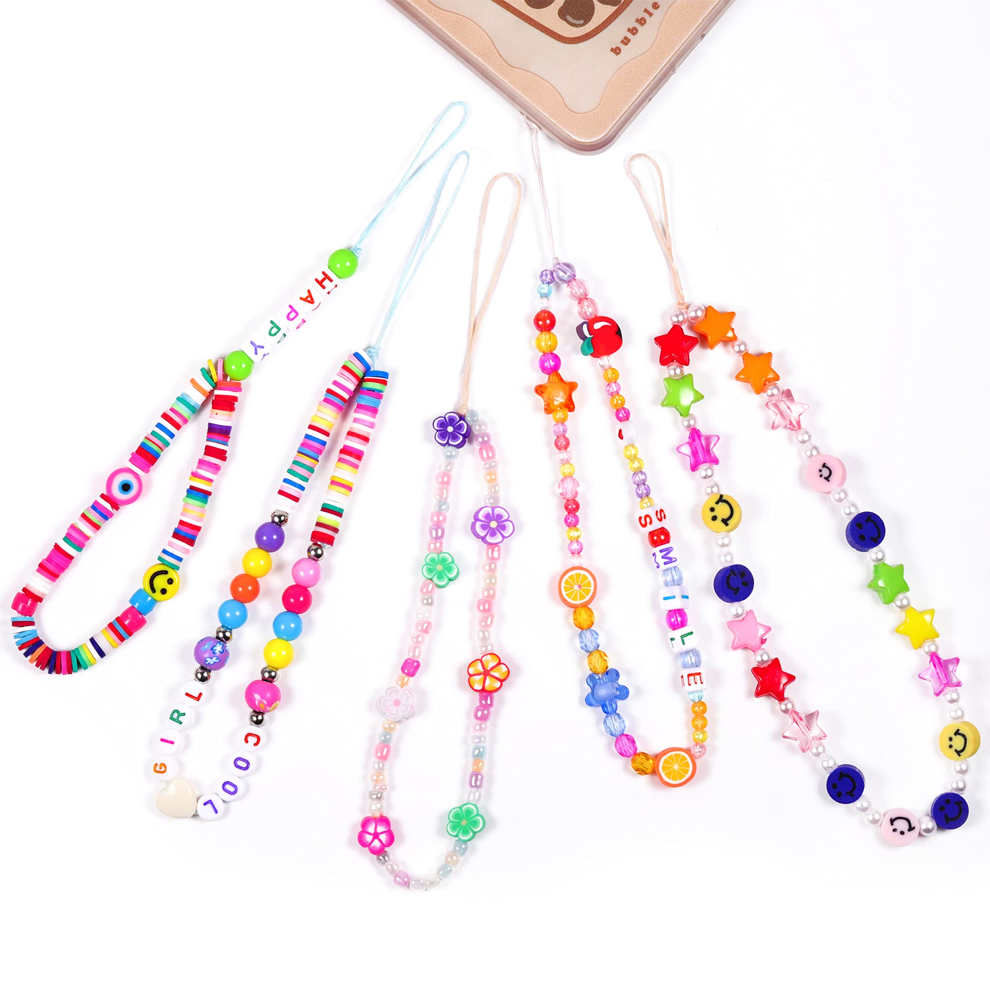 COZLANE 3 Pieces Smiley Face Beaded Cell Phone Charms Wrist Strap Chain Polymer Clay Acrylic Beads Pearl Bracelet Keychain for Women