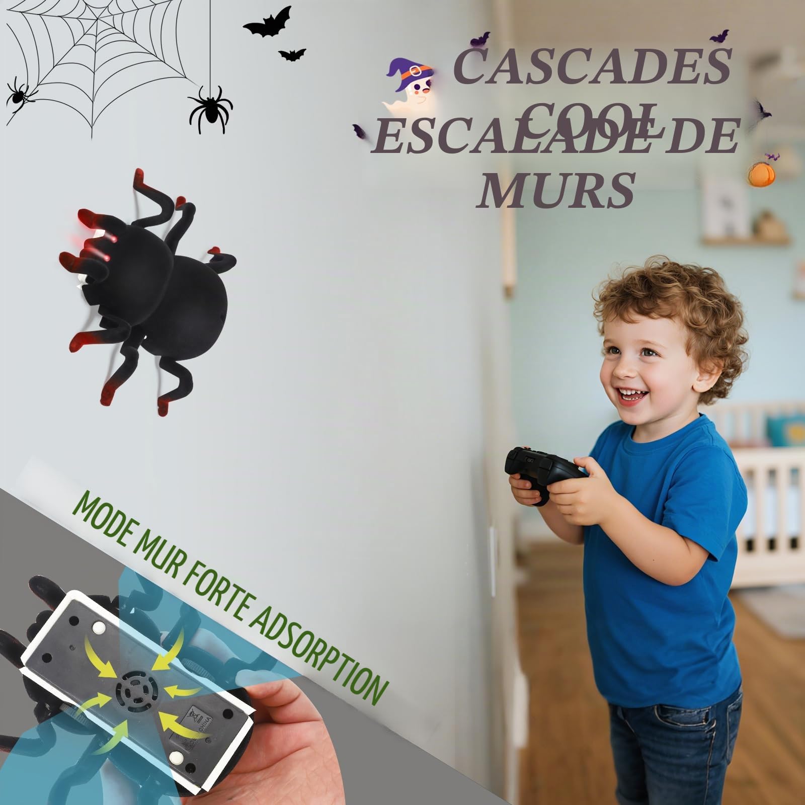 L'Araignée RC Télécommandée - Grimpe aux Murs & Plafonds Rechargeable avec Yeux LED - Jouet Robot Araignée pour Enfants dès 3 Ans - Cadeau Effrayant pour Garçons & Filles à Halloween