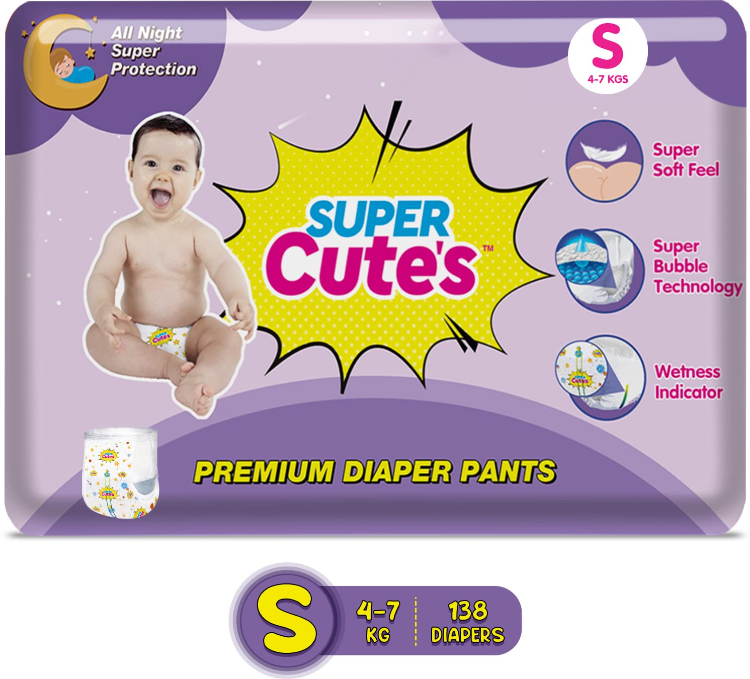 Super Cute's Premium Diaper Pants, Diapers S Size, 92 Count, With Wetness Indicator, Bubble Technology, Overnight Leakage Protection, Super Soft Diapers, Perfect Fit (Pack of 2)