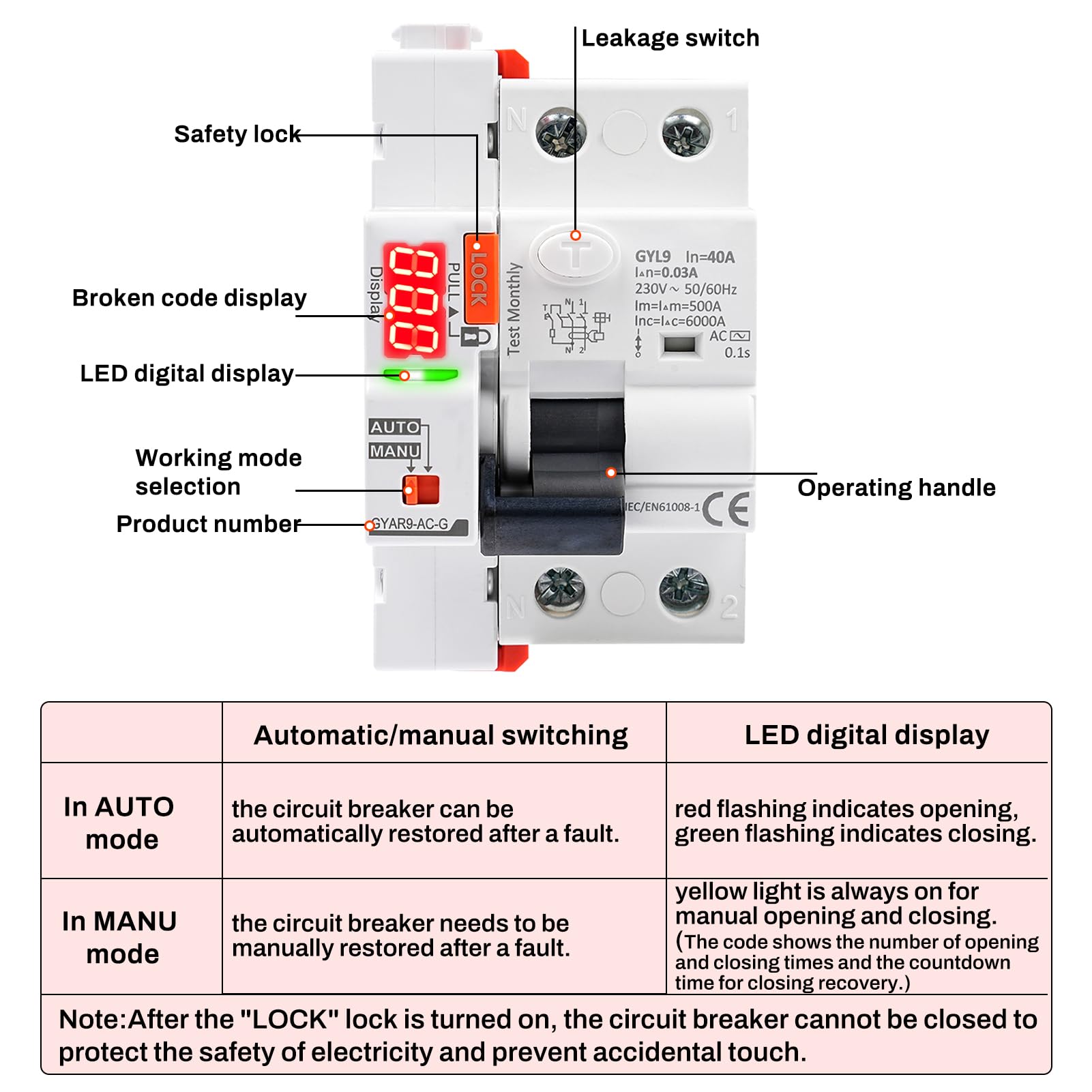 Jadeshay Disjoncteur à réarmement automatique avec affichage LED, Disjoncteur différentiel 30mA 40A 2 Pôles AC230V Disjoncteur intelligent avec affichage numérique GYAR9-AC-G
