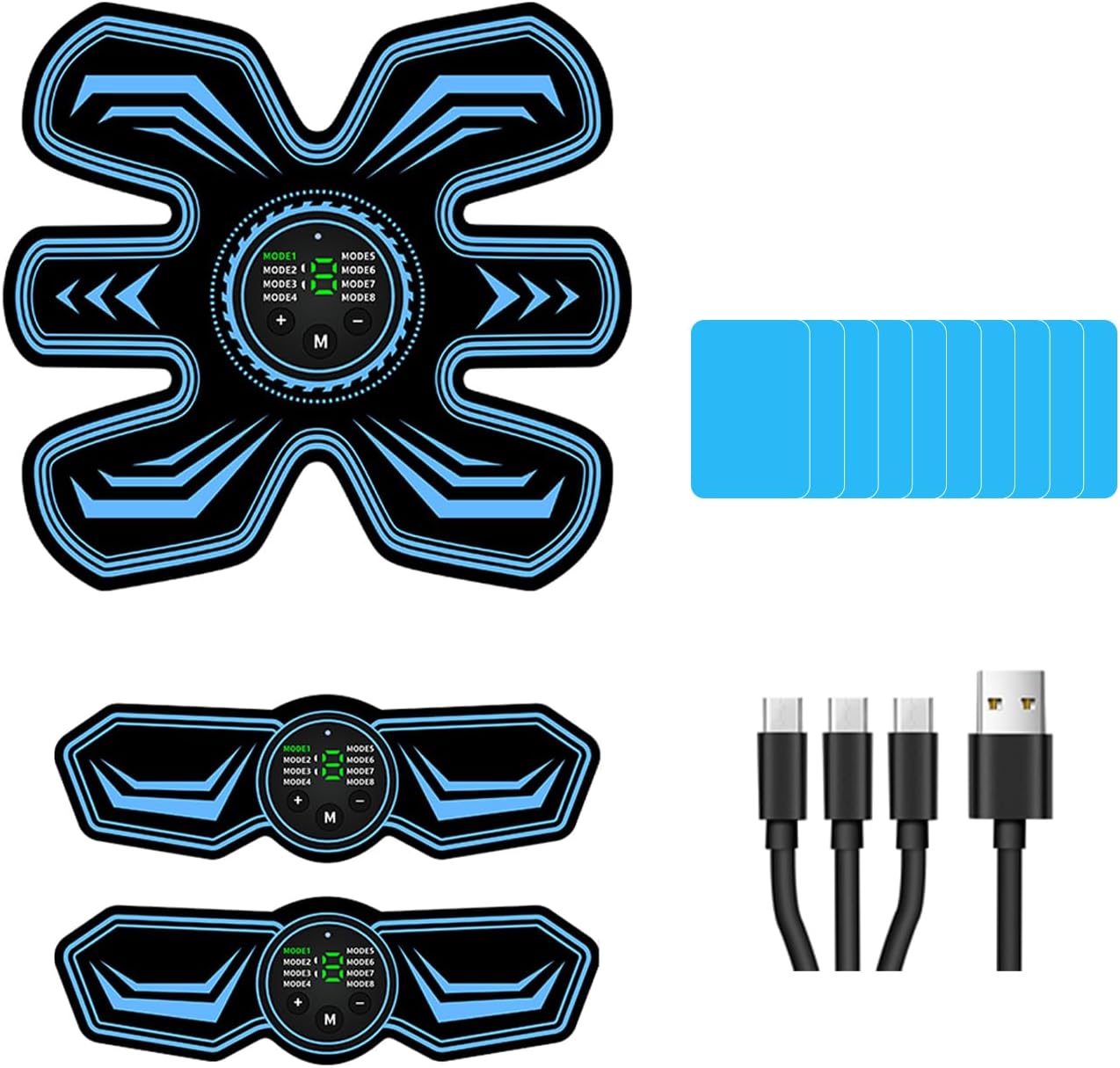Bauchmuskeltrainer EMS Trainingsgerat, Bauchtrainer, Sicher Effektiv Schneller EMS Trainingsgerät Ganzkörper Muskeltrainer, 8 Modi und 15 Intensitäten, 10 Stück Ersatz-Hydrogels (Blau)