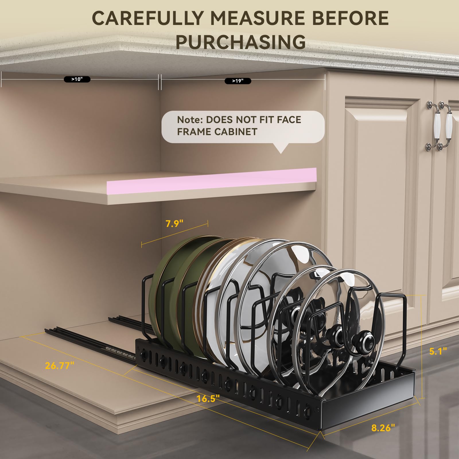 WOSHEN 2 PCS Pots and Pans Organizer Under Cabinet, Pull-out Pots and Pans Organizer, Under Cabinet Pot Lid Holder, Sliding type Pots and Pans Storage with 16 Adjustable Dividers for Kitchen