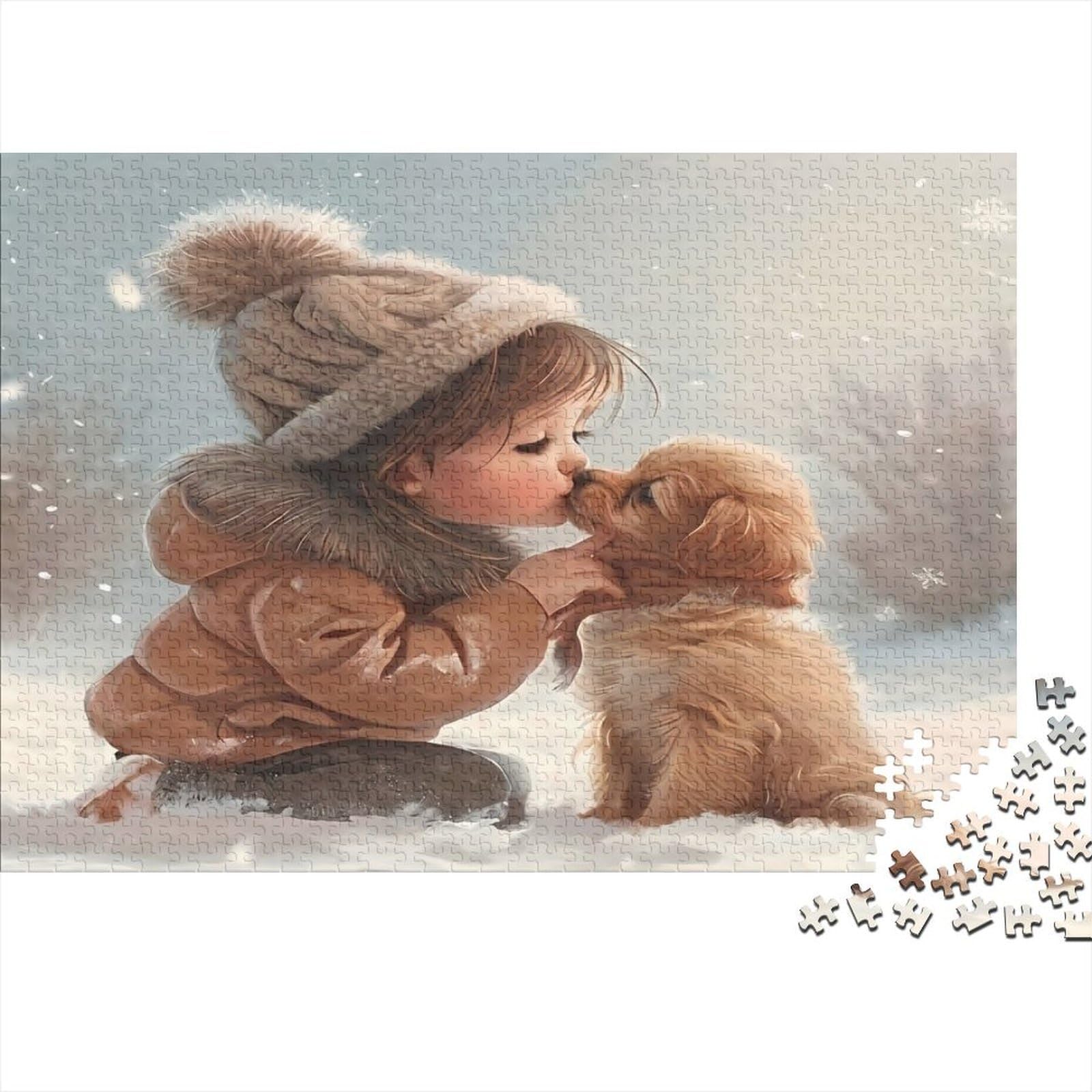Child and Dog 1000 Piece Jigsaw Puzzle Winter Scene Relaxing Game