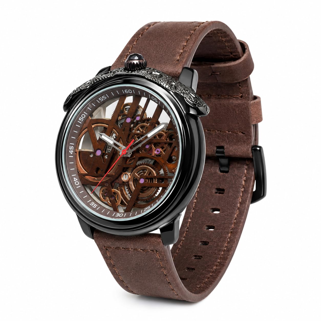Automatic Skeleton Watch for Men Brown Leather Strap Mechanical Analog Dial-image-0