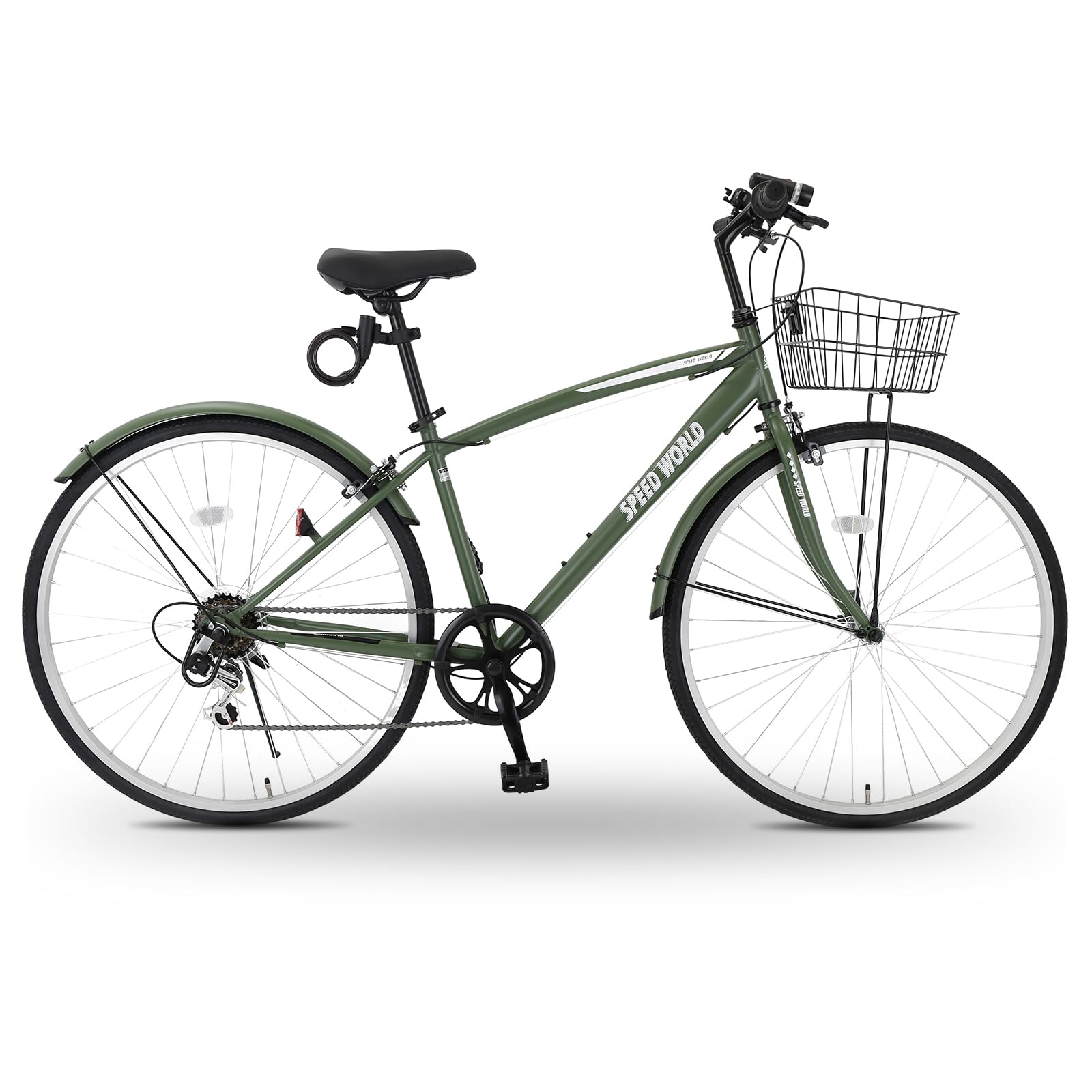 MAKTA Cross Bike, 26/27 Inches, Shimano Exterior, 6 Speed Gears, Basket, LED Light, Keys, Side Stand, Mud Flap, City Bike, Commuting to Work or School, Street Riding, Bicycle, Adult Men, Women, Sports green (olive green) 27" (with basket)