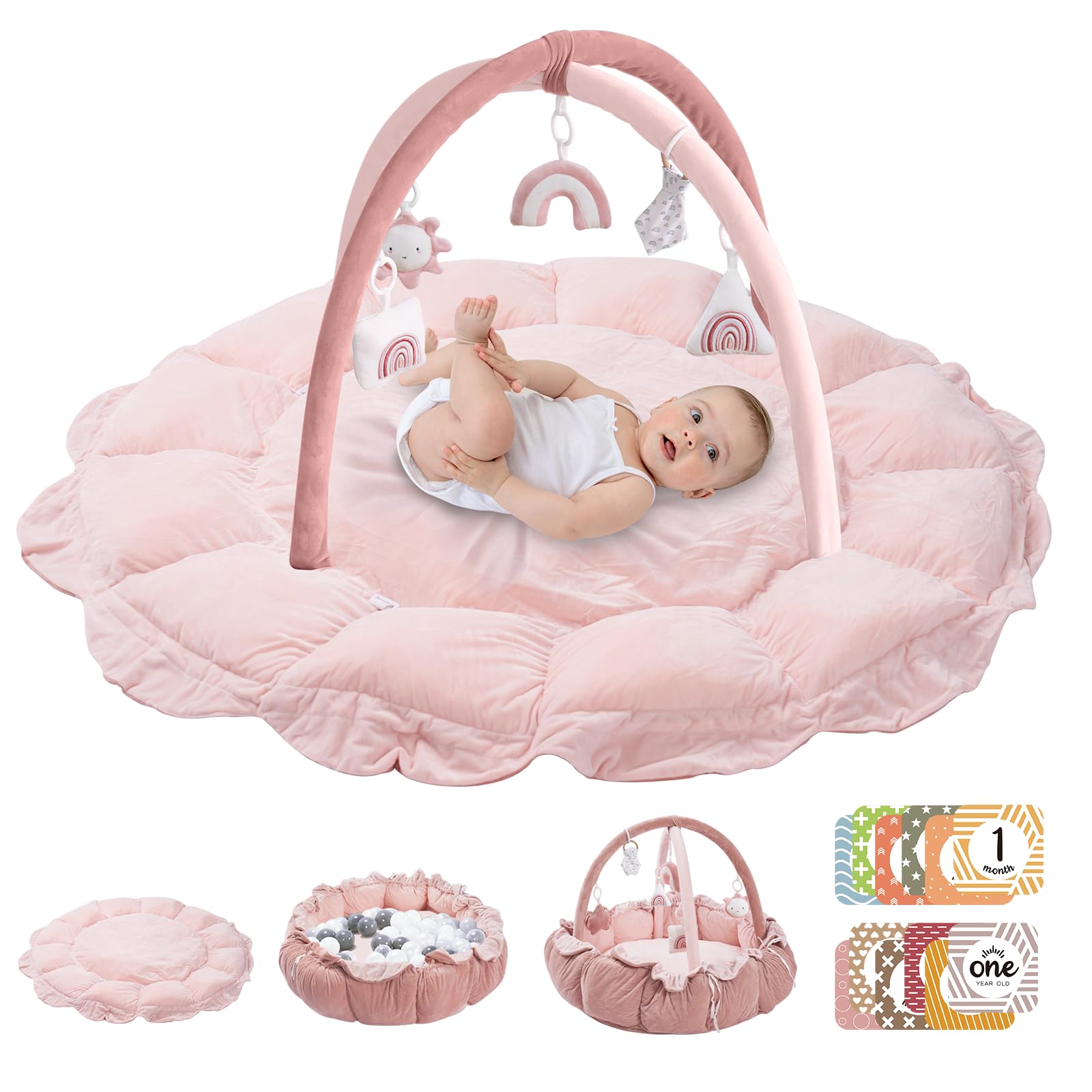 Gimnasio de juegos convertible 5 en 1 para bebés HAN MM con 6 juguetes, tapete para el tiempo boca abajo para el desarrollo sensorial, centro de actividades para bebés desde recién nacidos hasta niños pequeños, piscina de pelotas, cama para perros y gatos, cama de felpa suave para mascotas, color rosa