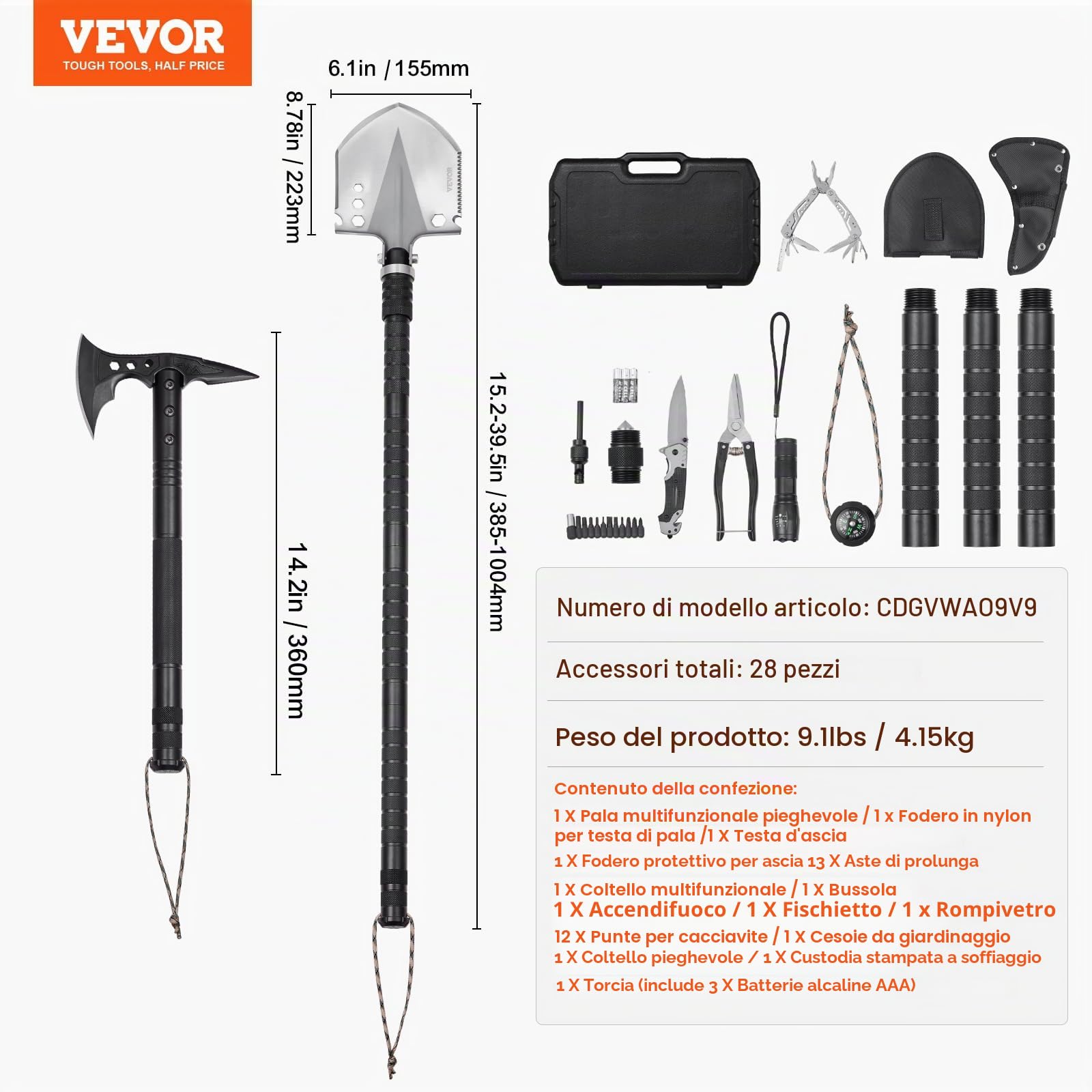 VEVOR Survival Shovel Axe, Pale Pieghevoli da Campeggio con Ascia, Combo Pala in Acciaio Inox 28 Pezzi di Accessori, Attrezzatura per Sopravvivenza Emergenza per Campeggio ed Escursionismo