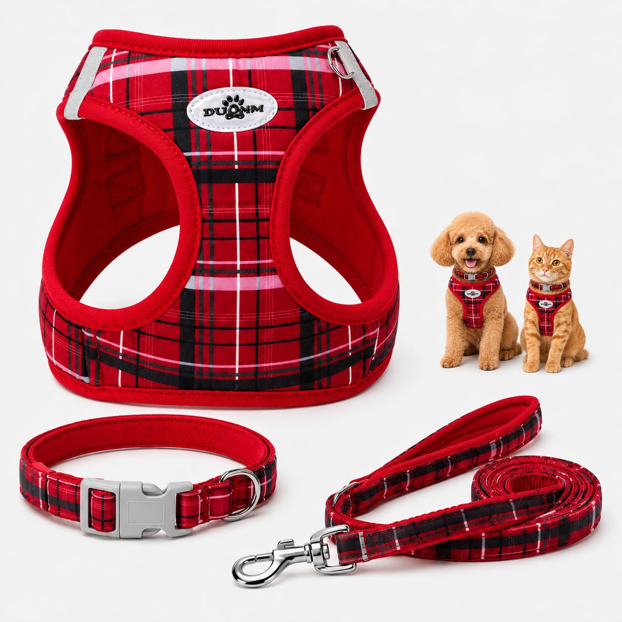Fjquamitix Small Dog Harness and Leash Set Reflective Soft Mesh No Pull Harness For Dogs Cats Adjustable Puppy Sling with Collar Lead for Walking Training Outdoor (Red, S)