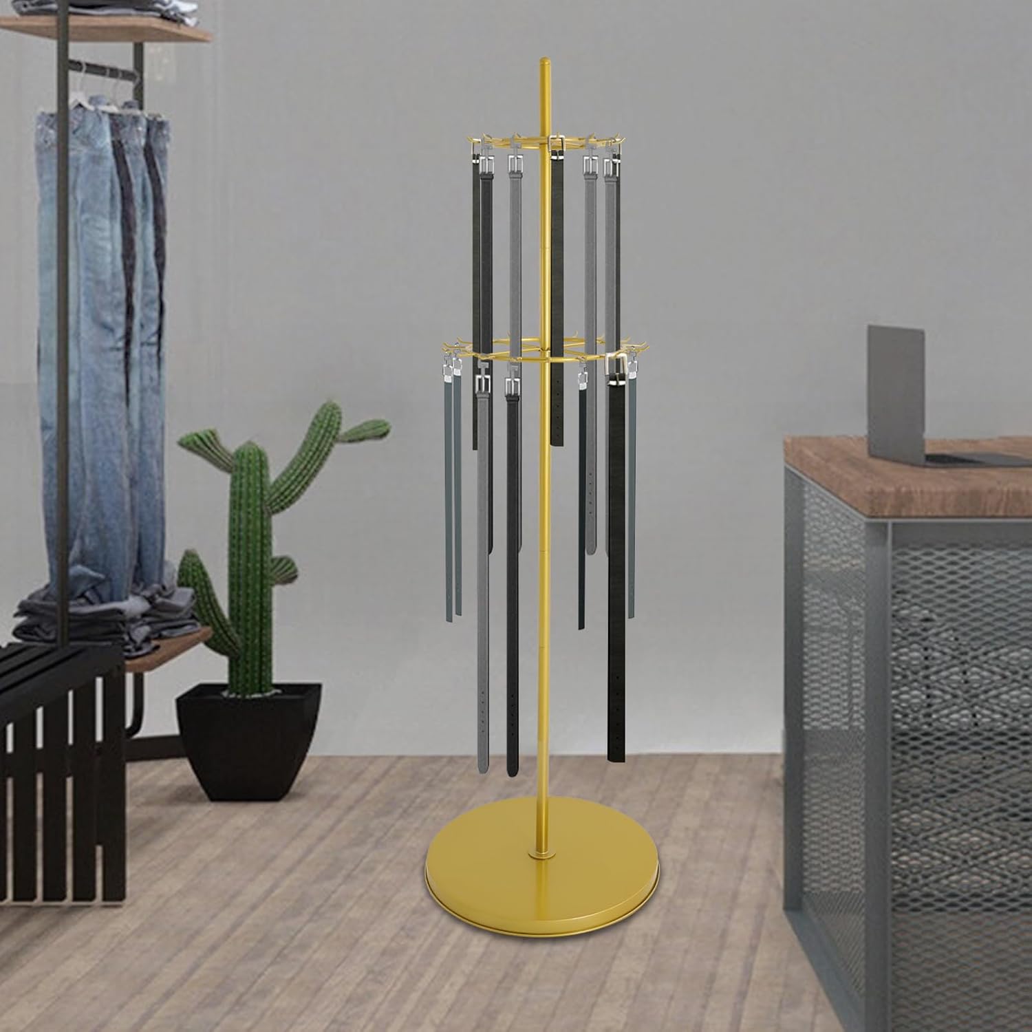 Belt Rack, Tie Rack and Scarf Organizer Stand, Free Standing Two Tier Metal Display Rack with 31 Hooks, Gold Rotating Accessory Holder for Closet Retail Boutique, 66.1 Inch Tall