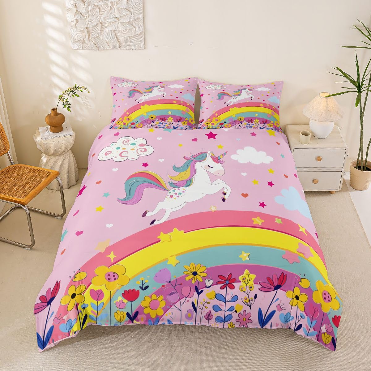 Housse de couette 220x240 rose licorne avec parure de lit 3 pièces pour fille