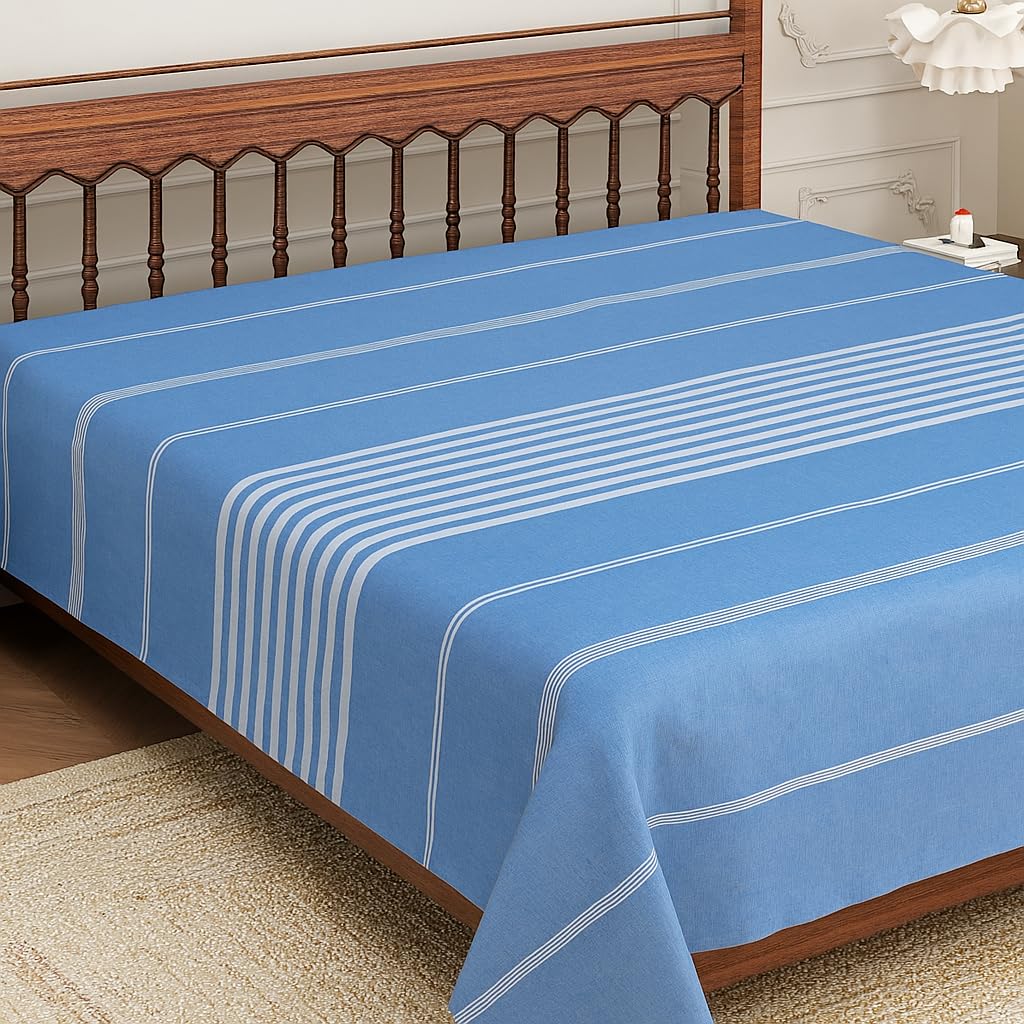 Bedsheet for Double Bed | Handmade Cotton Double Bedsheet 210 Thread Count | Warm Winter King Size BedSheet 90×100 Inches (7.5 x 8.3 Feet) | Handloom Design | Without Pillow Covers_Rock Blue