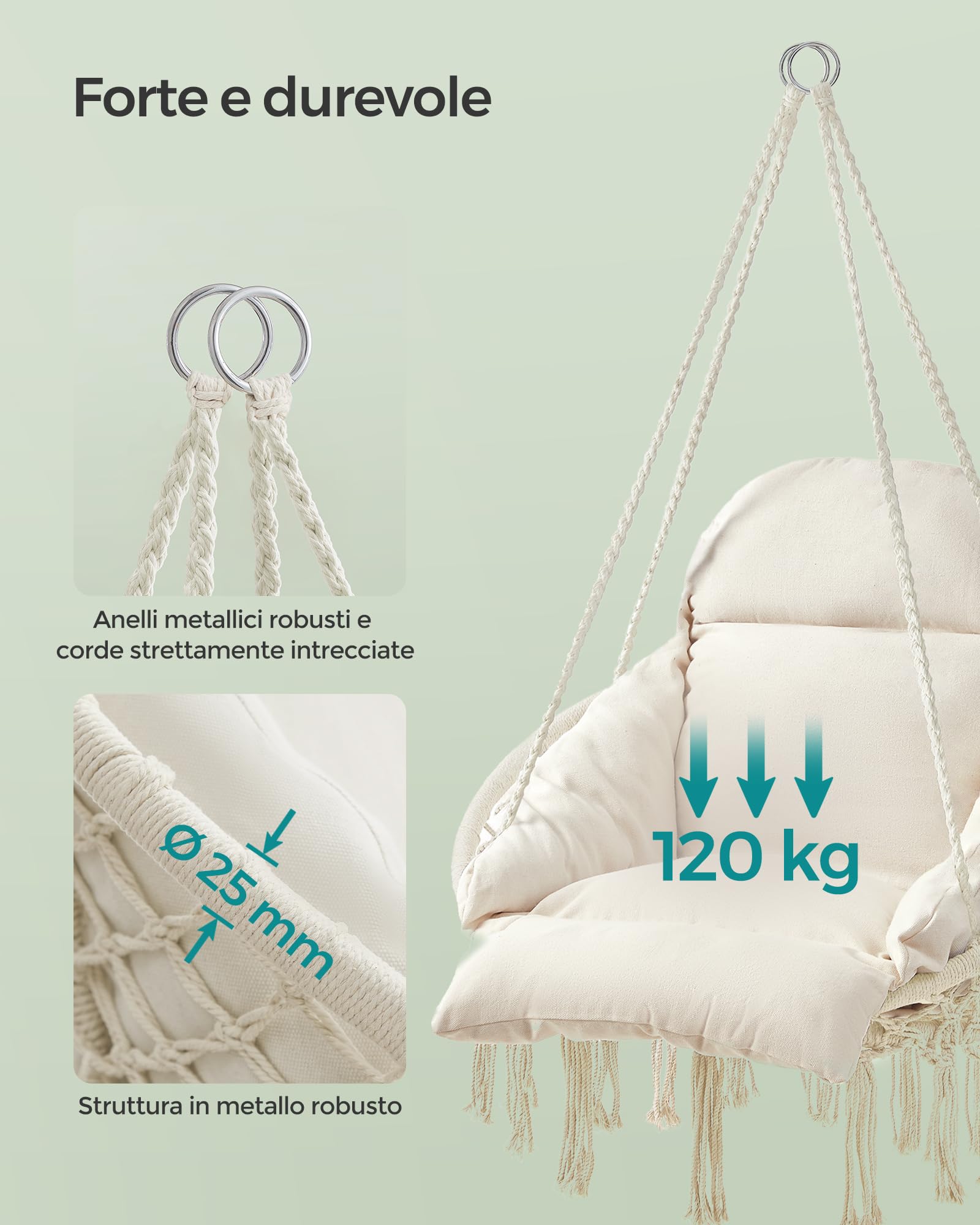 SONGMICS Sedia Altalena, Sedia Amaca, Cuscino Ben Imbottito, Sedia Sospesa Boho, Camera da Letto Balcone Giardino Soggiorno, Regge 120 kg, Accessori Inclusi, Bianco Crema GDC042M01