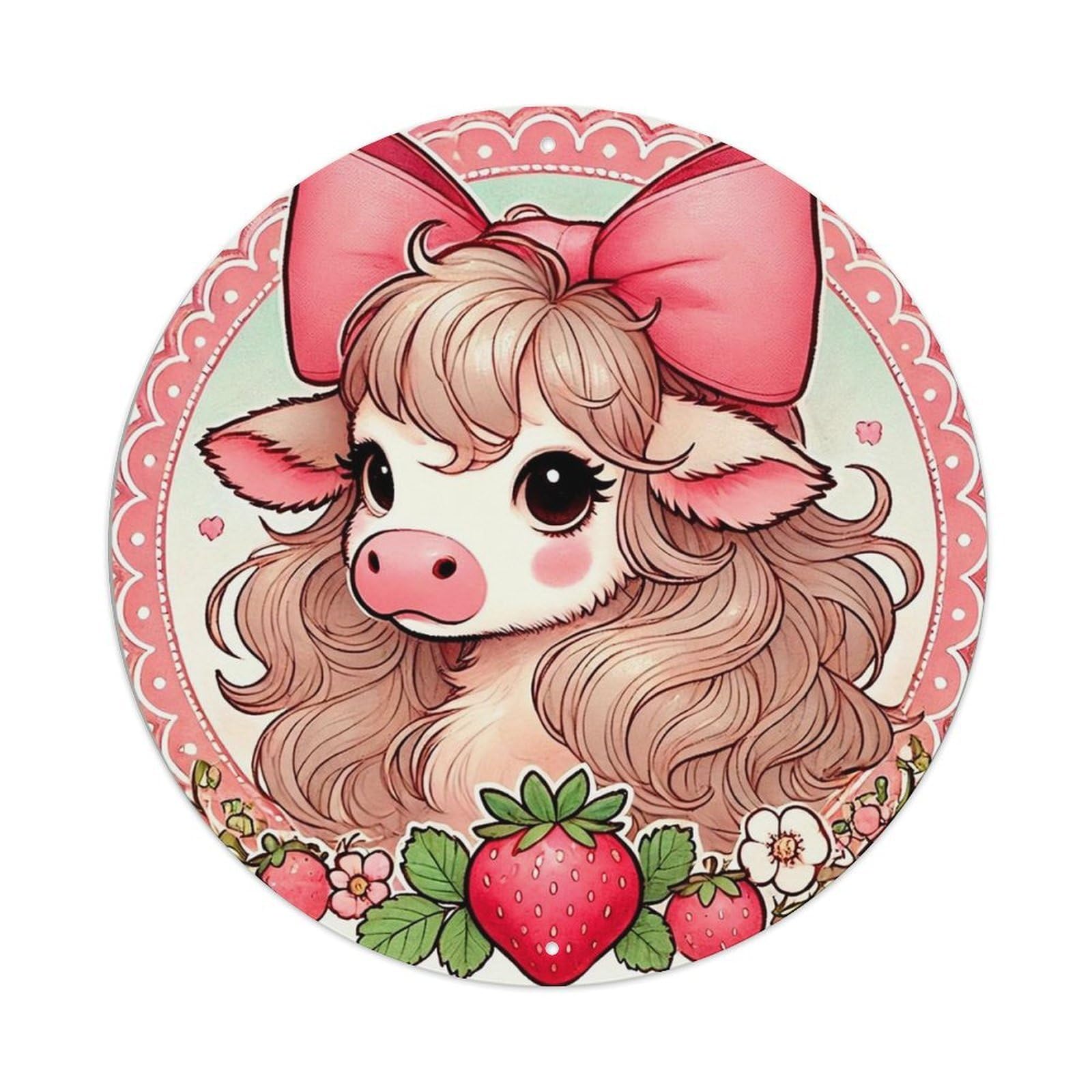 Cute Cow With Strawberry And Flowers Retro Metal Sign Round Tin Sign, Vintage Decor Art Poster for Bar, Home, Man Cave, Kitchen, Laundry Room Gift 8x8Inch