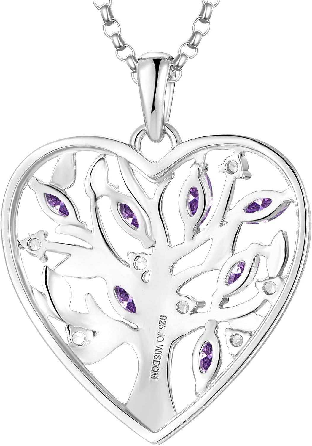 JO WISDOM Women Heart Necklace,925 Sterling Silver Tree of Life Pendant Necklace with 3A Cubic Zirconia February Birthstone Amethyst Color Jewelry for Women - Image 3