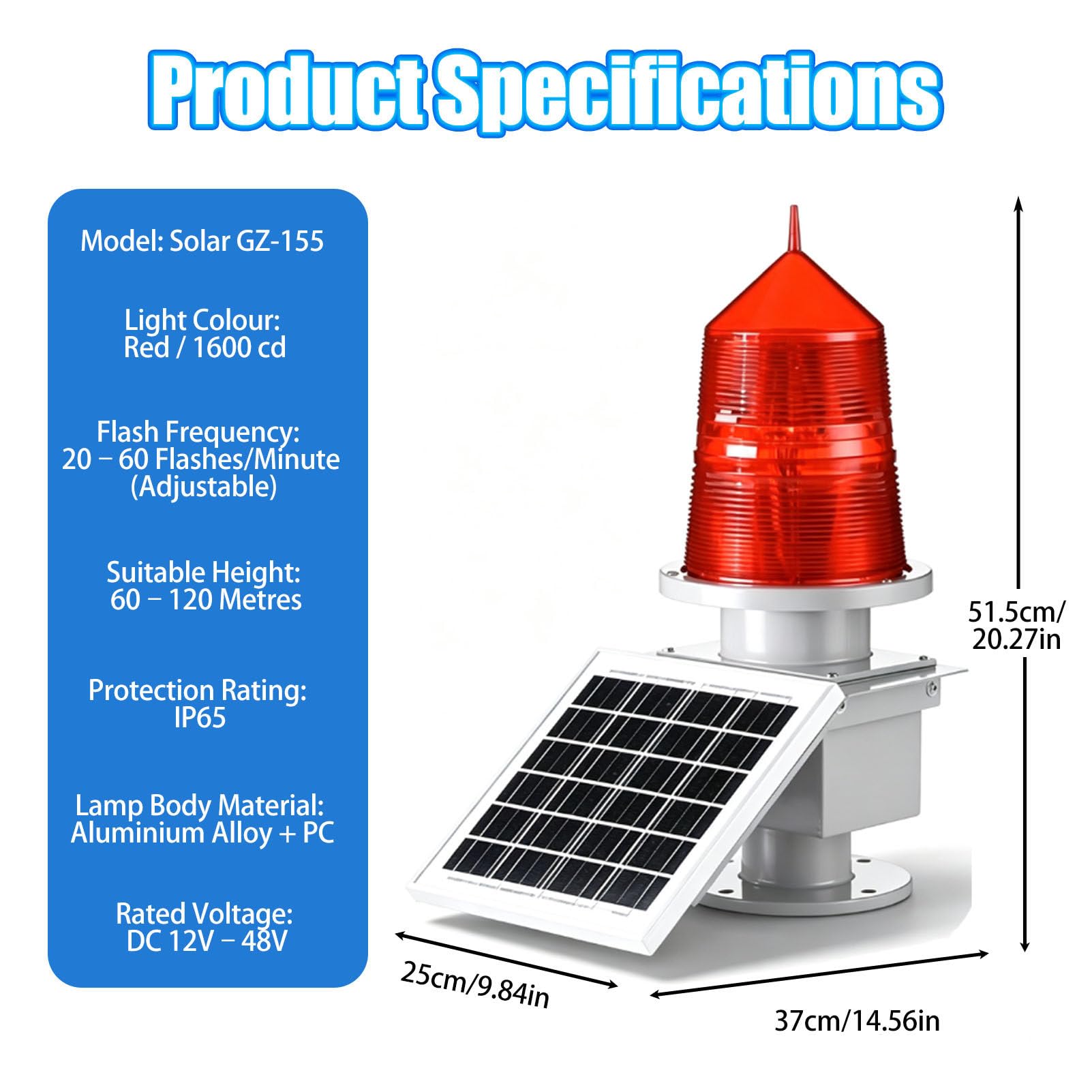 Luz solar del baliza del obstáculo estroboscópico del led, señal de advertencia de la aeronave de baja intensidad 15W con el sensor de la fotocélula, para grúas, turbinas eólicas y muelles de la Marin