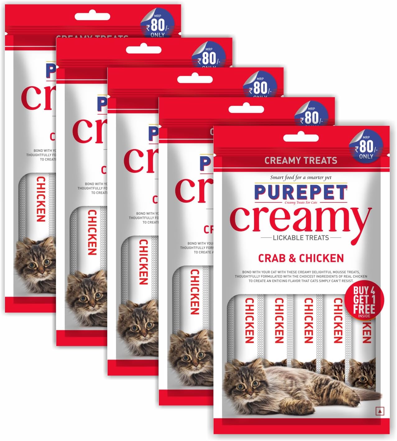 PUREPET Creamy Cat lickable Treats, Crab & Chicken, Pack of 5 X 75 g, Total 375 g, All Life Stages