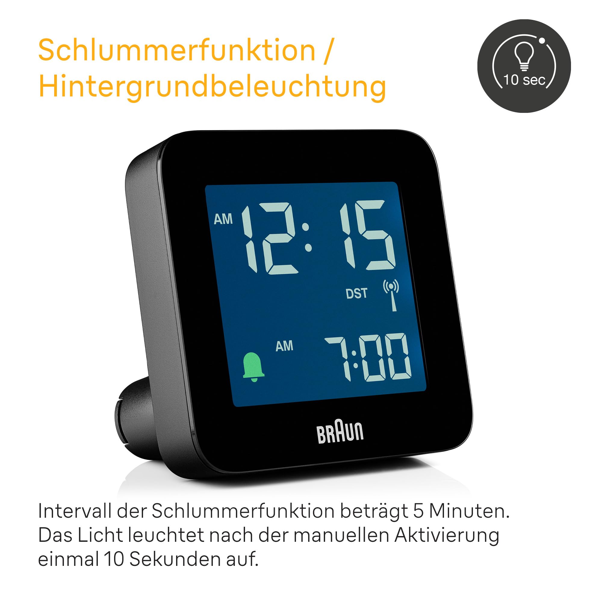 Braun Digitaler Funkwecker Mitteleuropäische Zeitzone (MEZ) mit Schlummerfunktion, Negatives LC-Display, Schnelleinstellfunktion, Crescendo-Alarm in Schwarz, Modell BC09B-DCF.